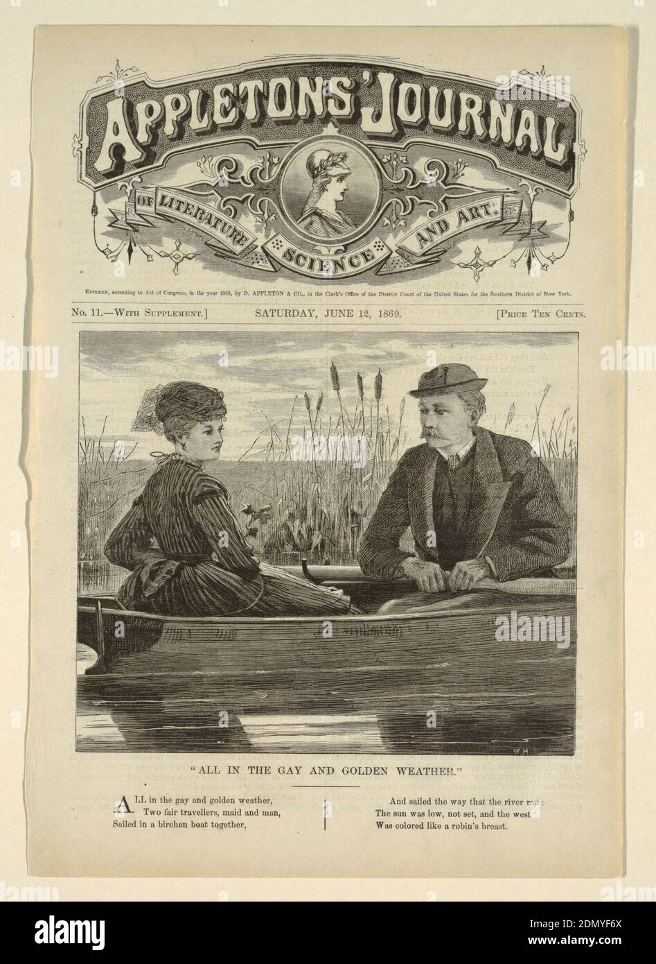 All in the gay and Golden Weather, Winslow Homer, American, 1836–1910, Appleton's Journal of Literature, Science and Art, D. Appleton and Company, New York, NY, D. Appleton and Company, New York, gravure de bois à l'encre noire sur papier, vue d'un homme et d'une femme sur un bateau de rang., États-Unis, 12 juin 1869, chiffres, imprimé Banque D'Images