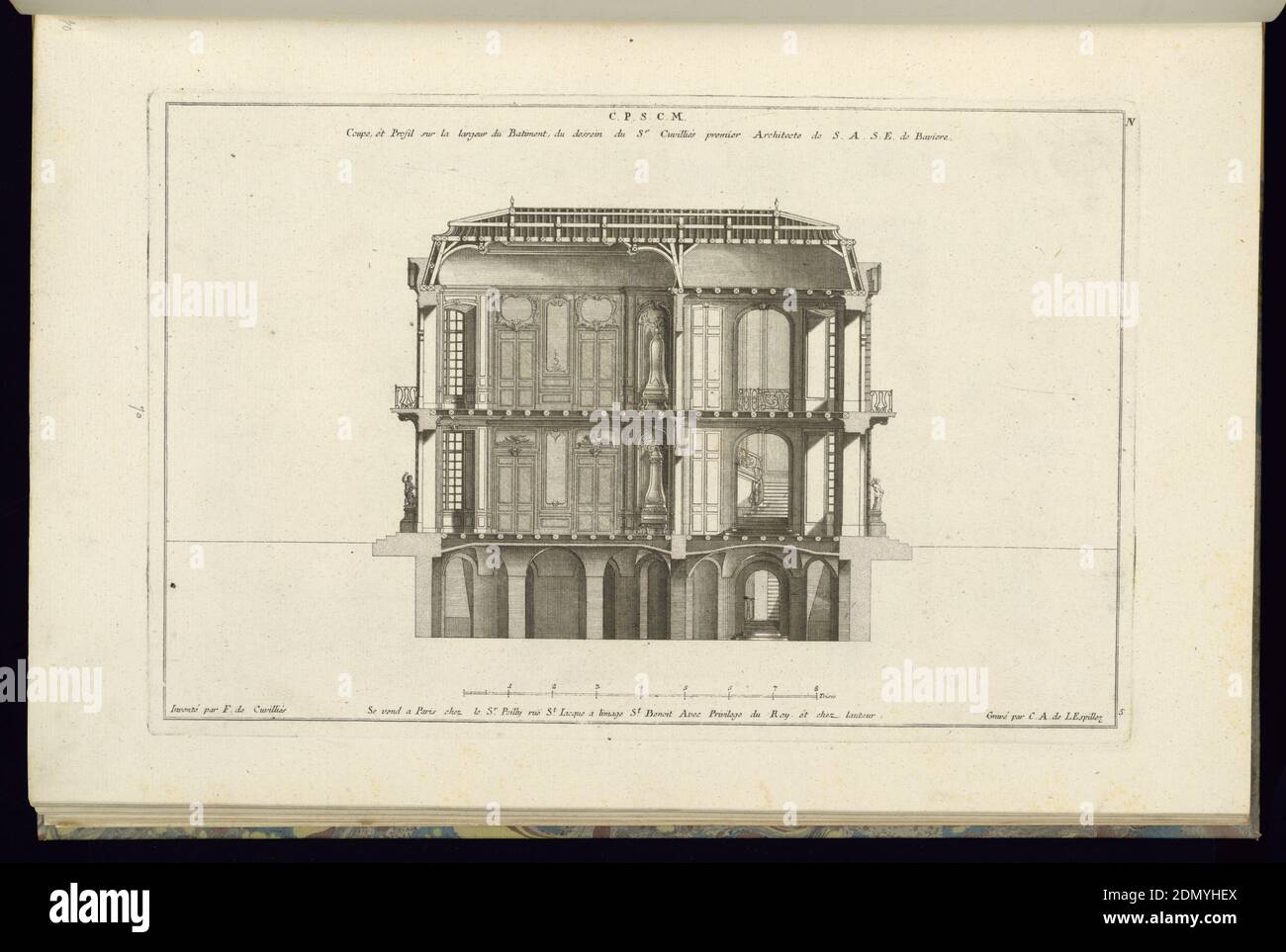 Coupe, ét profil sur le largeur du bâtiment, François de Cuvilliés l'ancien, belge, active Allemagne, 1695 - 1768, Karl Albert von Lespilliez, 1723 - 1796, Nicolas Jean-Baptiste de Poilly, français, 1712 - après 1758, Etching et gravure sur papier blanc cassé, Allemagne, 1745, architecture, Imprimer Banque D'Images