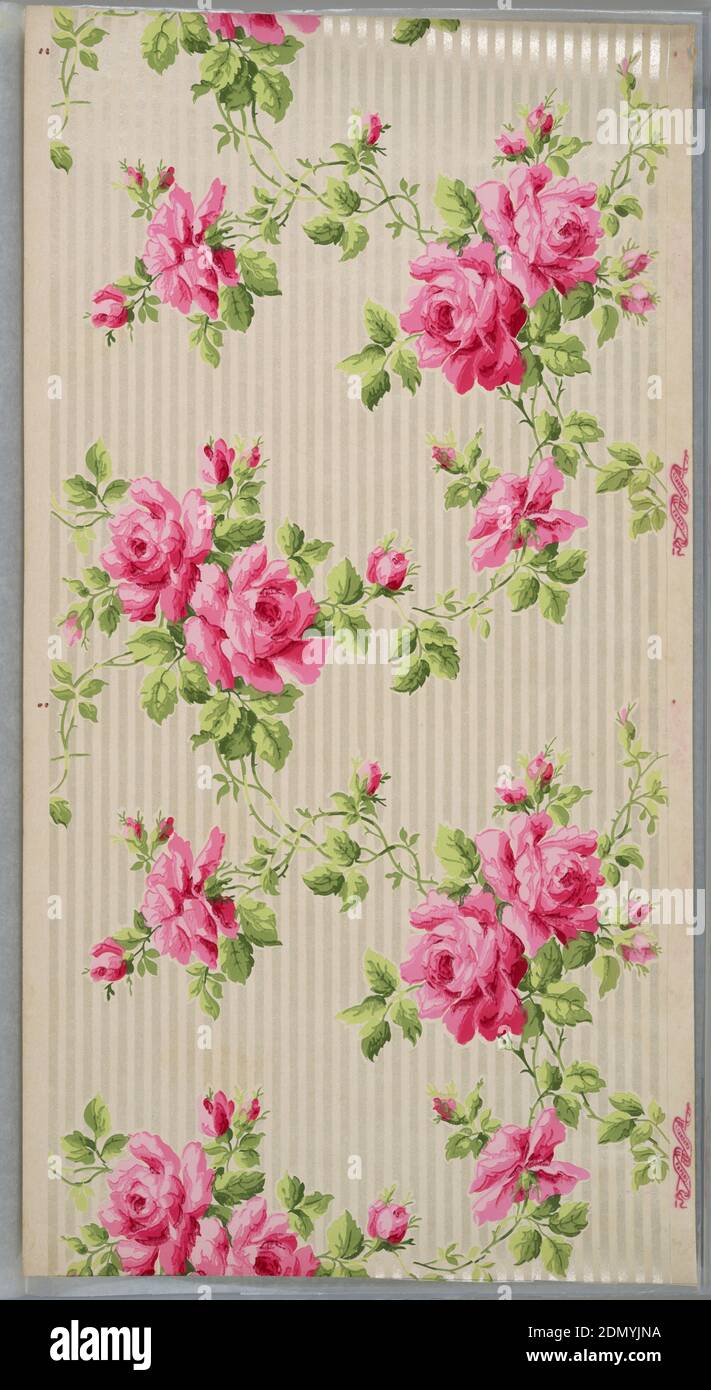 Sidebar, Standard Wall-Paper Company, Standard Wall-Paper Company, Pittsburgh, Pennsylvanie, papier imprimé par machine, mica liquide, sur sol rayé blanc et gris, amas de grandes roses roses roses et de feuilles et vignes vertes., Sandy Hill, New York, États-Unis, 1905–1915, revêtements muraux, flanc Banque D'Images