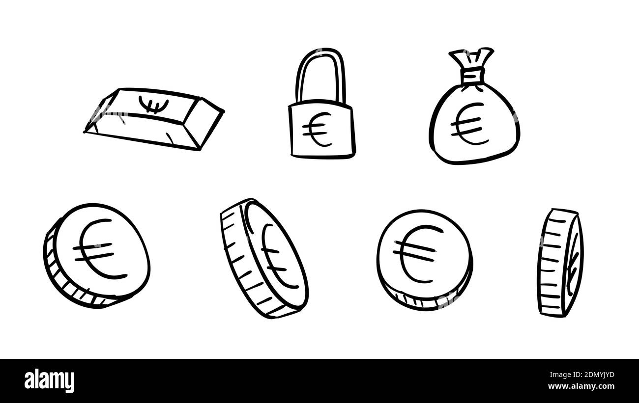 Symboles noirs d'affaires en euros dessinés à la main. illustration de l'argent en 2d avec style de conception en forme de doodle Banque D'Images