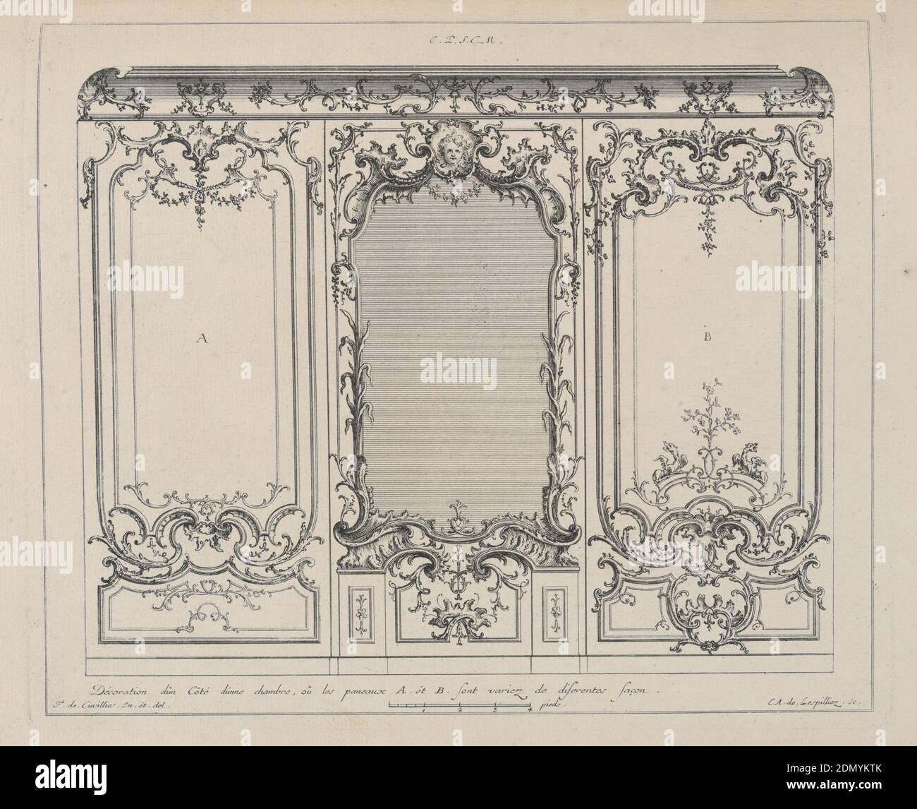 Lambris avec trois panneaux et miroir, nouveaux dessinés de Lambris  (nouveaux dessins), François de Cuvilliés The Elder, belge, active  Allemagne, 1695 - 1768, Carl Albert von Lespilliez, allemand, 1723 - 1796,  François