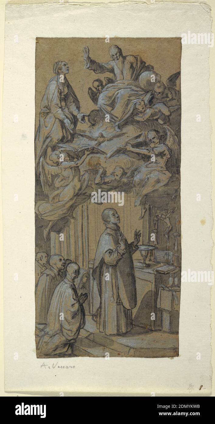 Vision pendant une messe, Belisario Corenzio, italien, actif 1590–1646, Brush et gouache gris, blanc, et bleu clair sur papier marron couché, doublé, les adorateurs s'agenouillent aux marches de l'autel. Le prêtre officiant la masse, son dos tourné à la congrégation est de regarder dans la rapature, les mains soulevées dans l'étonnement, à une vision de Dieu le Père haut sur un nuage, soutenu par les anges, dominant la Messe en dessous, Tandis que la colombe du Saint-Esprit brille la lumière sur les Écritures proferé par les anges., Italie, ca. 1630, figures, dessin Banque D'Images Vision pendant une messe, Belisario Corenzio, italien, actif 1590–1646, Brush et gouache gris, blanc, et bleu clair sur papier marron couché, doublé, les adorateurs s'agenouillent aux marches de l'autel. Le prêtre officiant la masse, son dos tourné à la congrégation est de regarder dans la rapature, les mains soulevées dans l'étonnement, à une vision de Dieu le Père haut sur un nuage, soutenu par les anges, dominant la Messe en dessous, Tandis que la colombe du Saint-Esprit brille la lumière sur les Écritures proferé par les anges., Italie, ca. 1630, figures, dessin Banque D'Images