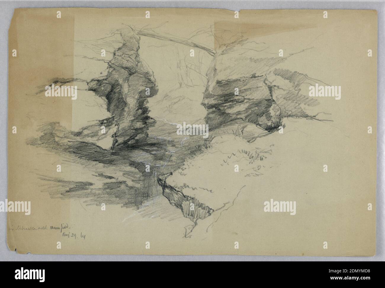 Cran, Mt. Mansfield, Daniel Huntington, cuisine américaine, 1816–1906, graphite et crayon blanc sur papier gris, gros blocs autour d'un fossé ou d'une grotte, centre. Très ombré. Peut-être un ruisseau, centre, avec des arbres au-delà., USA, 29 août 1864, paysages, dessin Banque D'Images