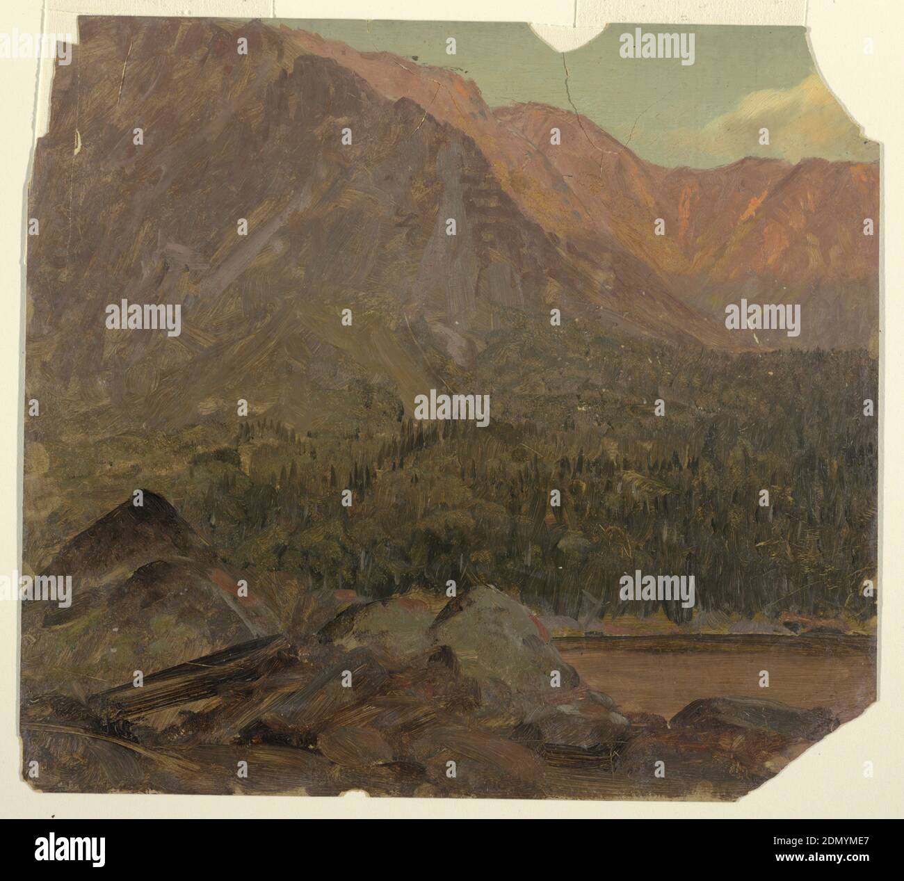 Le Grand bassin de Katahdin, Maine, église Frederic Edwin, américaine, 1826–1900, huile sur carton; graphite, vue partielle d'un lac avec coucher (ou lever) de soleil. En premier plan gauche, les blocs sont illustrés., Etats-Unis, 1860–70, paysages, dessin Banque D'Images