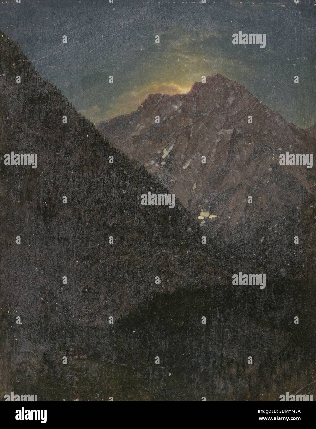 Apline Landscape (Bavière ou Suisse), Frederic Edwin Church, American, 1826–1900, pinceau et huile sur carton, l'exposition verticale d'un pic irrégulier en arrière-plan obscurcit la lumière du soleil levant. Une vallée profonde au premier plan, dans laquelle est vu une seule maison, est encore obscurci dans la nuit., USA, 1868, paysages, dessin Banque D'Images