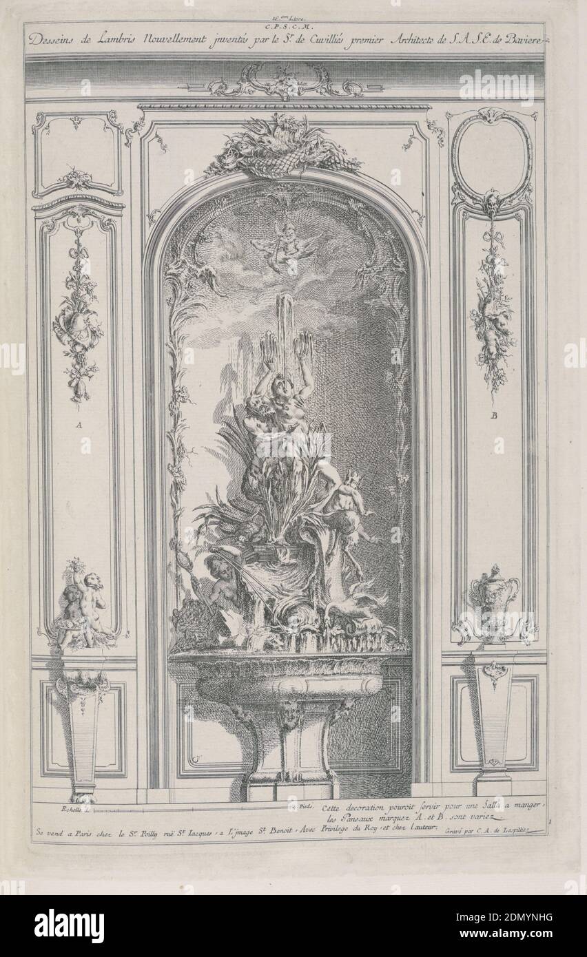 Niche murale avec fontaine, Desseins de Lambris (Wainscoting Designs), François de Cuvilliés l'ancien, belge, active Allemagne, 1695 - 1768, Carl Albert von Lespilliez, allemand, 1723 - 1796, Nicolas Jean-Baptiste de Poilly, français, 1712 - après 1758, François de Cuvilliés l'ancien, belge, active Allemagne, 1695 - 1768, gravure, papier, Design pour un mur intérieur de style rococo. Une niche voûtée au centre avec une fontaine sculpturale représentant un homme herm ou merman saisissant une figure féminine, qui se tient avec les bras levés. Ci-dessous, une femme tenant un personnel pilote un char dirigé par des dauphins. Banque D'Images