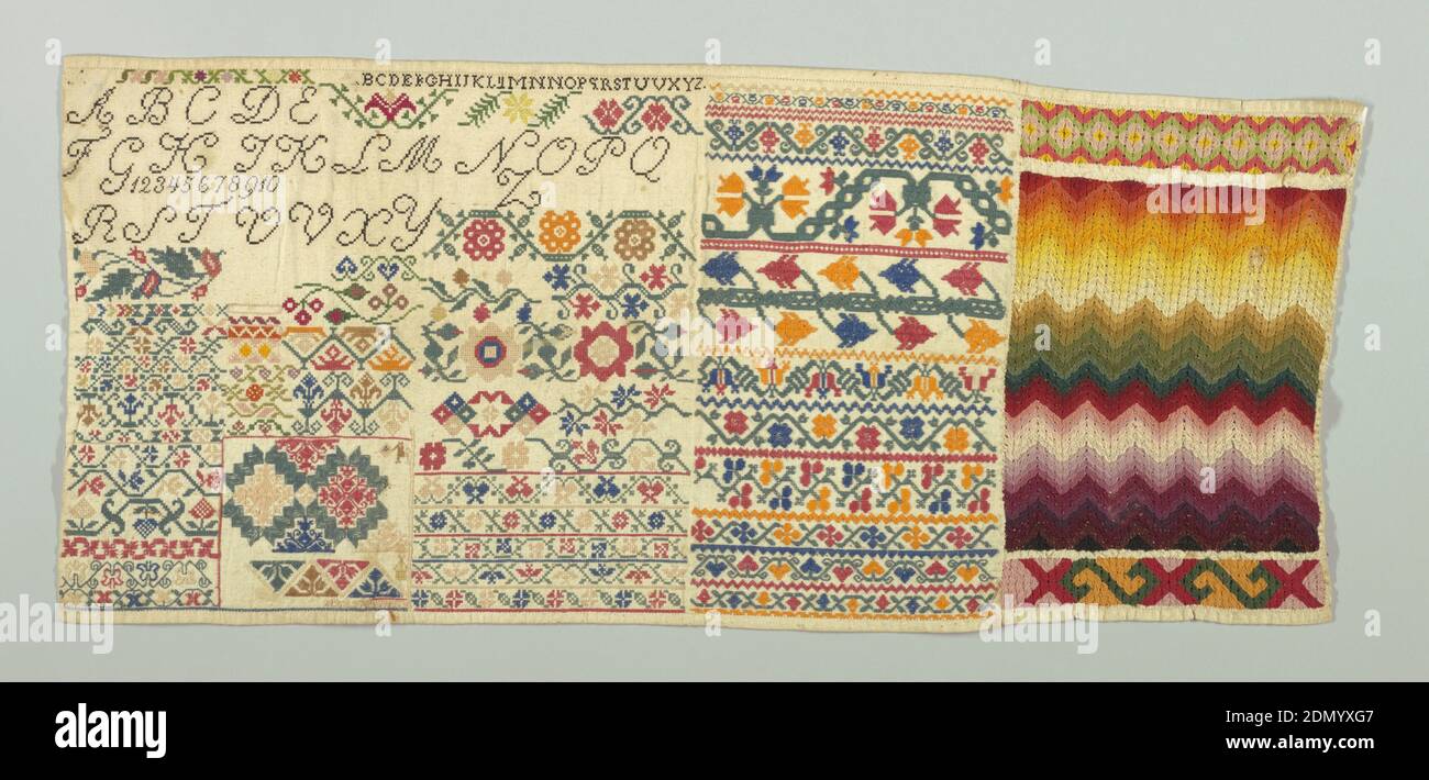 Sampler, Moyen : broderie de laine sur une fondation en coton technique : broderie en satin, croix, croix armée longue, course à pied, double course, et couture aztec (élément retiré avec plombages faits à l'aiguille) sur une fondation à tissage simple, divisée en colonnes de bandes, élément retiré en motif flamme à droite., Mexique, 19e siècle, broderie et couture, Sampler Banque D'Images