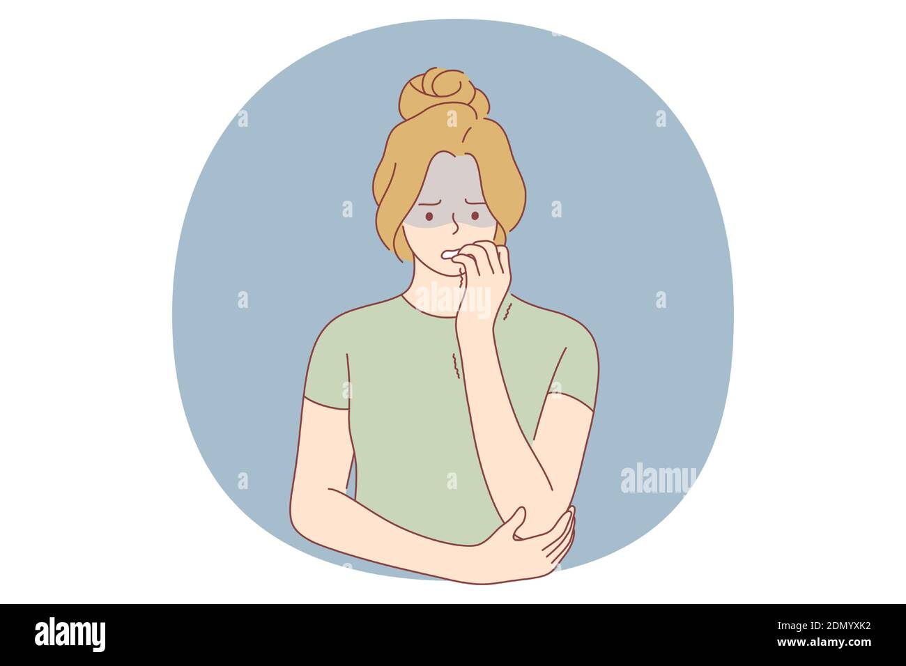 Unhapphess, Grief, Depression concept. Jeune femme mécontent personnage de dessin animé debout, mordant des ongles et se sentant déprimé avec quelque chose de vecteur illu Illustration de Vecteur