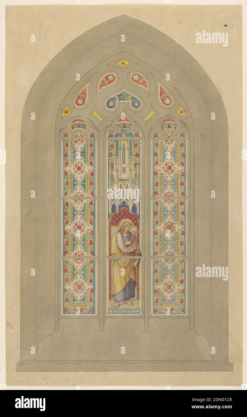 Design pour fenêtre en vitraux, pinceau et aquarelle, stylo et encre sur papier, trois grands panneaux verticaux. Les panneaux gauche et droit ont la même conception de formes géométriques et de motifs de lames. Le panneau central montre la figure de Saint-Philippe tenant une croix sous une verrière gothique. Petits panneaux ogivaux au-dessus, avec motifs floraux., Écosse, ca. 1860, verrerie, dessin Banque D'Images