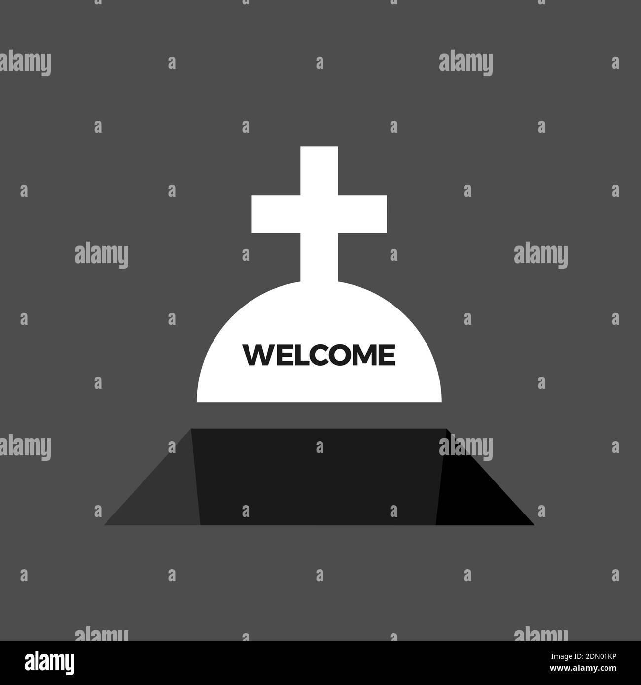 Texte de bienvenue sur la pierre tombale chrétienne - la tombe sur le cimetière est préparée pour le corps mort après la mort. Mortalité et humour noir. Illustration vectorielle Banque D'Images