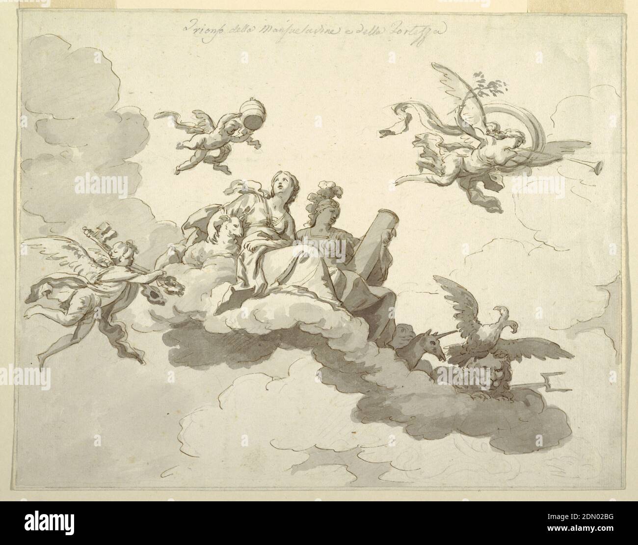 Design pour un plafond peint: Triomphe de la douceur et de la force, Francesco Manno, italien, 1754 - 1831, brosse et lavage noir, stylo et encre, craie noire sur papier, assis sur des nuages sont une femme à côté d'un agneau et une femme blindée tenant une colonne. Un ange tenant le tiara vole au-dessus d'eux, un autre épaulant les clés à gauche, un génie soufflant la trompette, à droite. Quatre animaux sont représentés au pied du groupe : un phoque, une licorne, un aigle à double tête (en Autriche ou en Russie), un lion qui se croupe sur une fourchette (Angleterre). Écrit sur le dessus, en crayon: 'Trionfo della Mansuetadine Banque D'Images