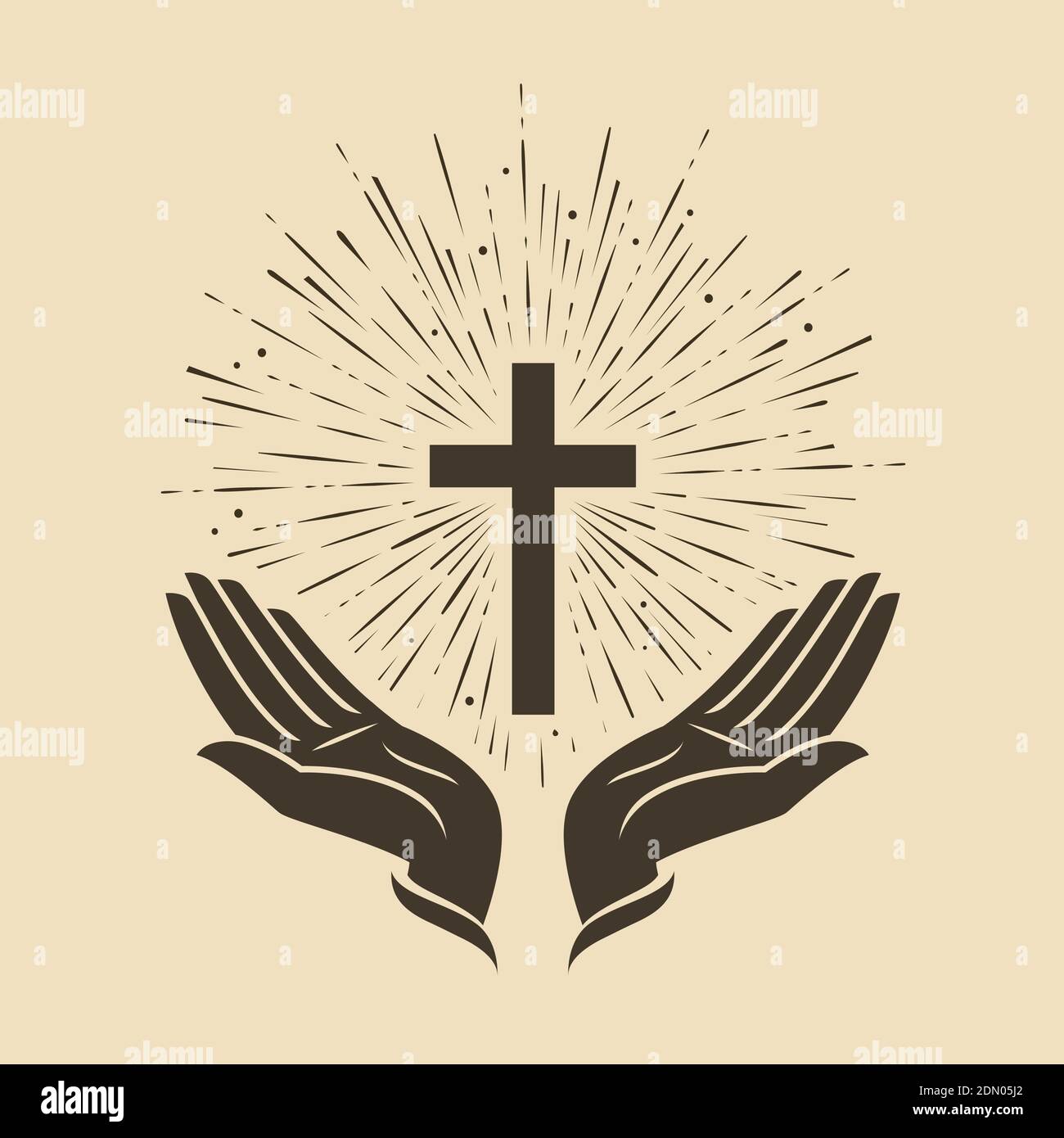 Croix lumineuse avec symbole mains. Vecteur du logo de l'église Illustration de Vecteur