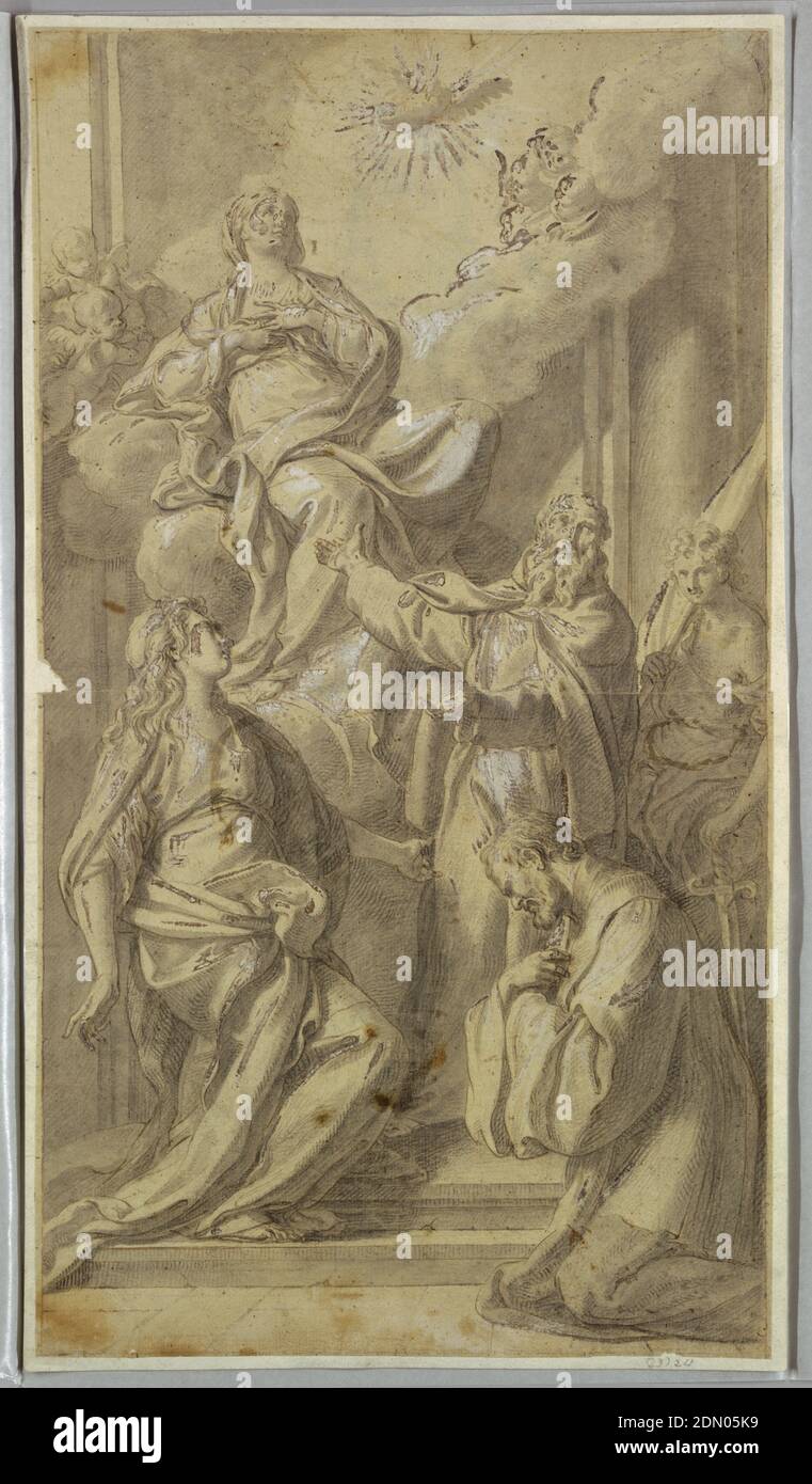Madonna et Saints, Sebastiano Conca, Italien, 1680 - 1764, encre de plume et brune, pinceau et lavage, blanchiment, sur papier, Madonna apparaît dans un nuage aux saints priant. Les saints s'agenouillent dans la vénération. Madonna regarde vers le ciel, où la colombe du Saint-Esprit tourne., Italie, ca. 1730, figures, dessin Banque D'Images