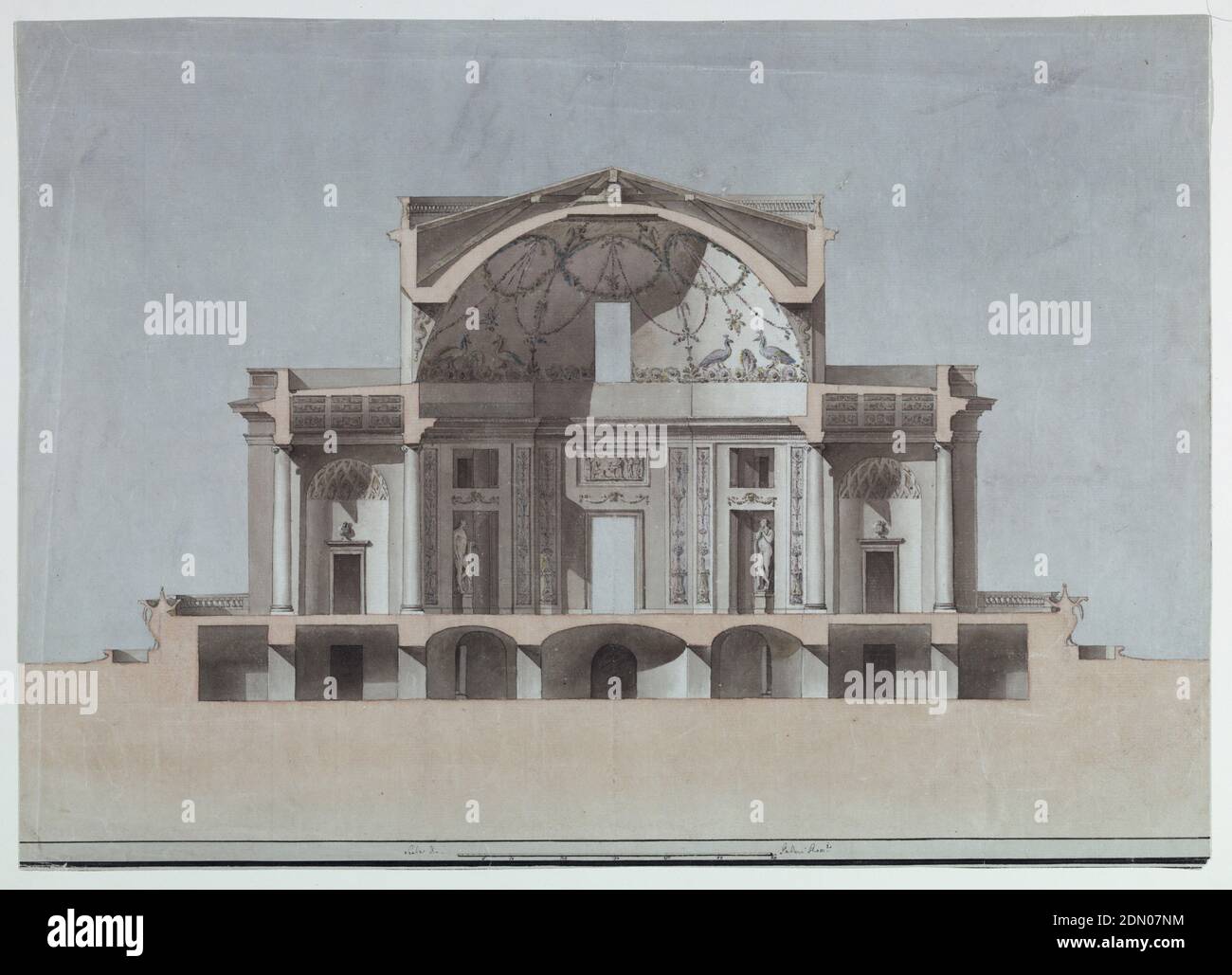 Section d'une villa de campagne, stylo et encre noire, pinceau et rose, aquarelle marron et bleue, lavage noir, avec indications de craie noire sur papier, Section d'une villa. Trois niveaux sont indiqués. Il y a des chambres au sous-sol, avec des escaliers qui les mènent. Ils sont dans les coins et proviennent du plan octogonal intérieur de la salle centrale. Dans les ouvertures obliques sont des statues, debout. La salle centrale et les chambres dans les ailes ne sont pas séparées par des murs. Il n'y a pas de murs entre les chambres dans les ailes et les places. Les colonnes ioniques supportent les entablatures. La coupole est décorée Banque D'Images