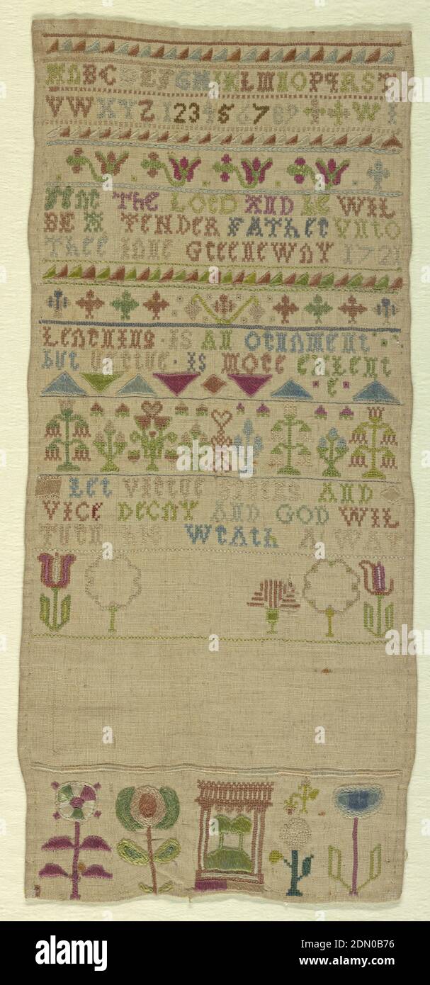Sampler, Jane Greenway, Moyen: Broderie de soie sur la fondation de lin technique: Brodé sur le tissage Uni, Sampler avec bordure d'une ligne, des triangles répétés et une autre ligne avec l'alphabet et les nombres un à neuf brodés ci-dessous. Une autre ligne et des triangles avec des fleurs et une bordure décorative avec le texte ci-dessous: L'Éternel ET    SERONT LE PÈRE TENDRE POUR TOI L'AMOUR DE GREENWAY 1721. Bordure de triangles répétés avec bordure florale ci-dessous et les mots    EST UN ORNEMENT MAIS VERTUE EST PLUS EXLENT. Broderie de fleurs et d'arbres avec espace vide entre une autre broderie florale au fond Banque D'Images