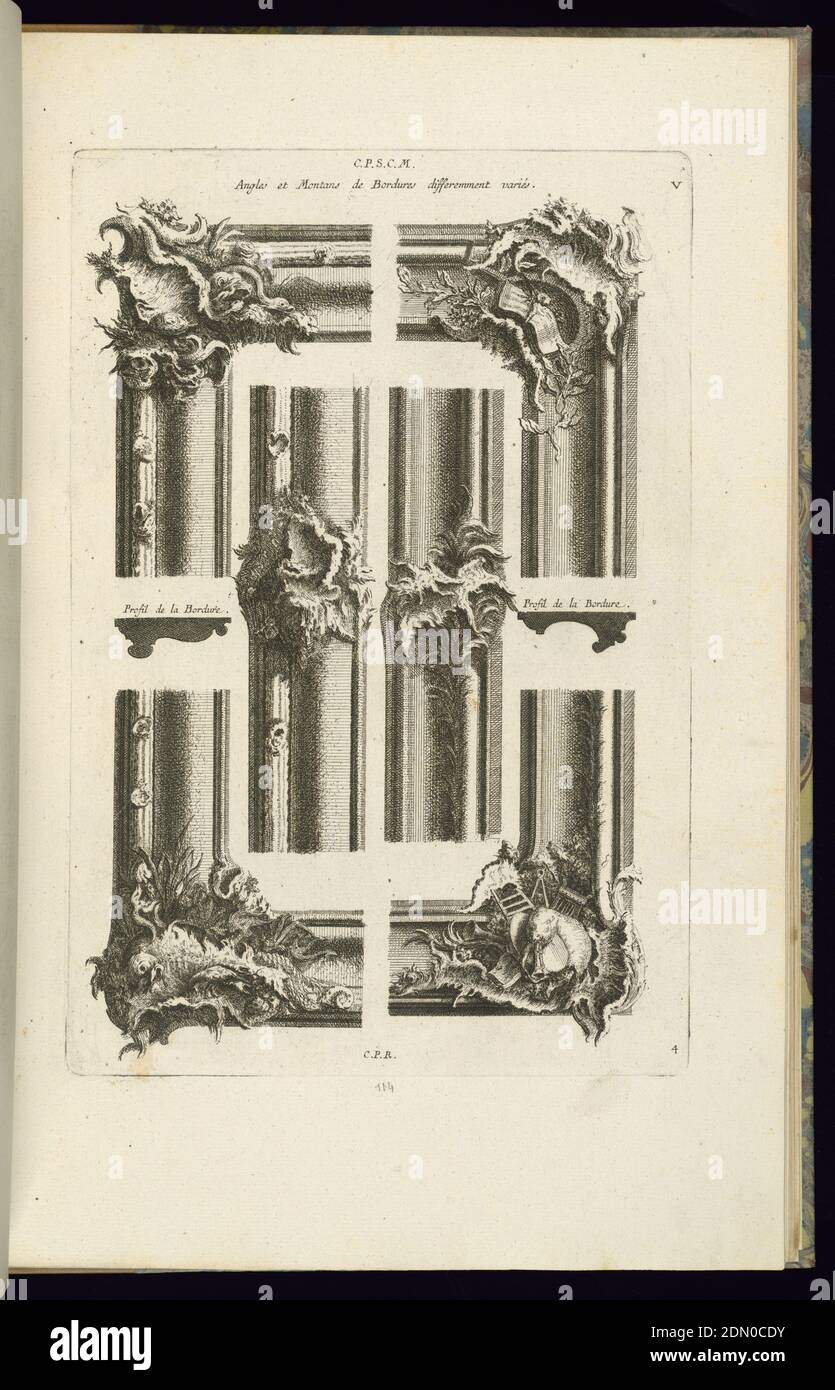 Angles et Montans de perdeuses Differment VARIÉS, François de Cuvilliés The Elder, Belge, active Allemagne, 1695 - 1768, Etching et gravure sur papier blanc cassé, Allemagne, 1745, mobilier, impression Banque D'Images