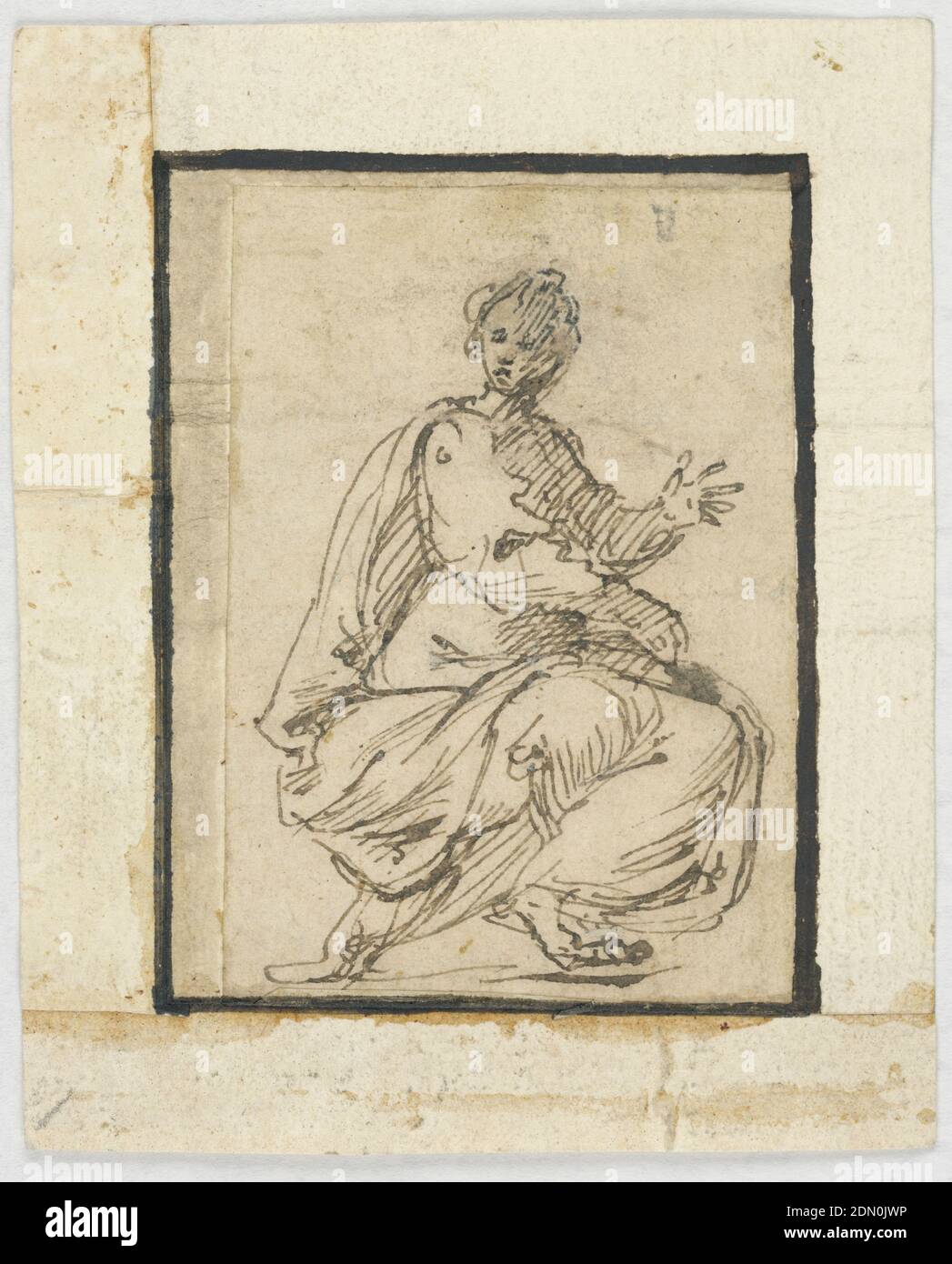 Page d'esquisse: Figure allégorique, stylo et encre sur papier, UNE femme assise représentée en profil; sa main gauche relevée, la main droite tient un livre., Italie, 1660–69, figures, dessin Banque D'Images