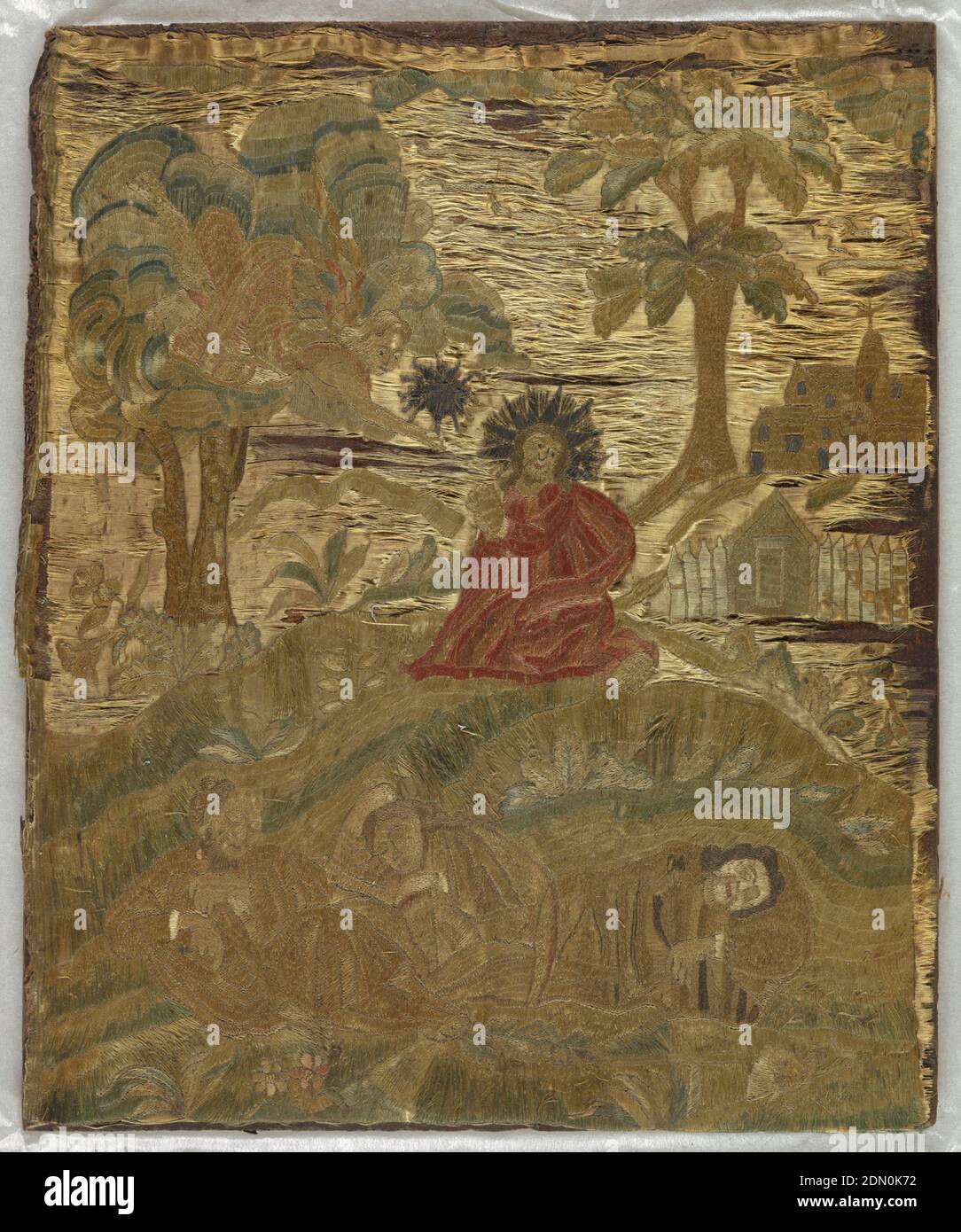 Image brodée, Moyen: Soie, technique métallique: Broderie sur une fondation à armure toile, image brodée rectangulaire montrant le Christ priant dans le jardin de Gethsémané à la veille de sa crucifixion. Trois apôtres endormis en premier plan, un ange se hante au-dessus de s'agenouiller le Christ au milieu du sol. Arbres et bâtiments en arrière-plan. Soie multicolore et fils métalliques sur le tissu de fondation à tissage simple de soie crème. Note jointe: 'Mercur sale: De l'ancienne image anglaise brodée - Christ en arrière-plan.' Pas dans l'album photo Fraser. Très mauvais état. Le tissu de fondation a pratiquement disparu. Banque D'Images