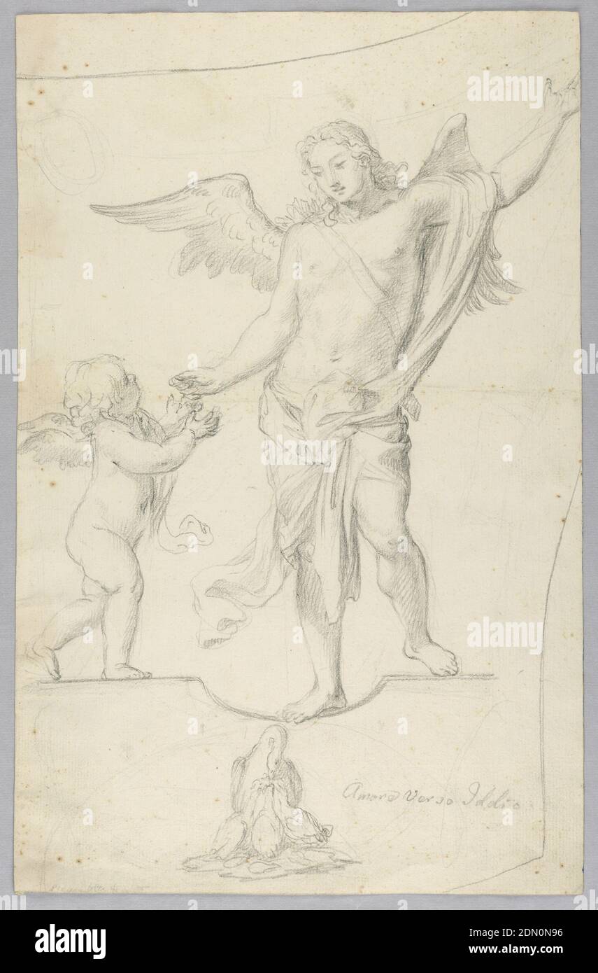 Etude pour la peinture allégorique, crayon noir sur papier, UN puto atteint pour la main d'un ange cultivé. Ci-dessous, une mère pélican nourrit trois jeunes. Sujet : l'amour de dieu., Italie, 1700–1725, figures, dessin Banque D'Images