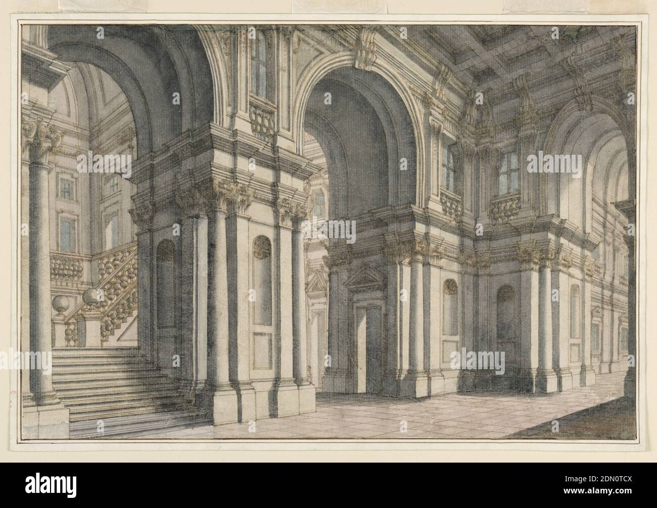Scène: Palace Interior, Francesco Galli Bibiena, Italien, 1659–1739, stylo et encre brune; pinceau et gris, bleu, rose pâle laver sur papier blanc cousu, disposé, rectangle horizontal montrant une salle de palais avec un haut plafond à cercueils. Escalier visible par une arcade à gauche., Italie, Italie, 1700–1750, théâtre, dessin Banque D'Images