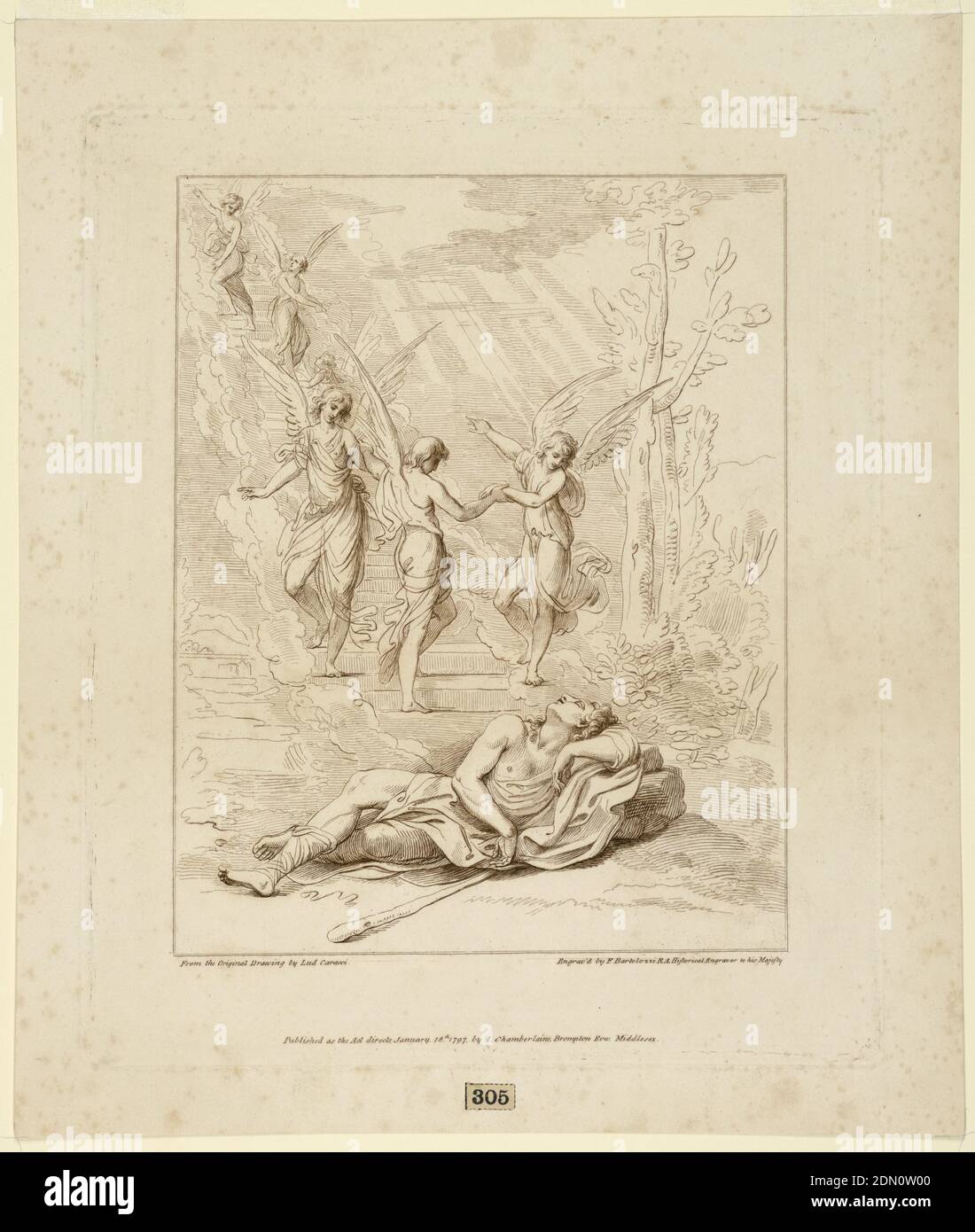 Jacob's Vision, Francesco Bartolozzi, Italien, Angleterre active, 1727–1815, Lodovico Carracci, Italien, 1555 - 1619, John Chamberlaine, Anglais, 1745 - 1812, gravure de ligne à l'encre brune sur papier blanc, Jacob est au premier plan, avec sa tête contre un rocher, son club à ses côtés. Juste au-delà, en montant à gauche, les escaliers sont enveloppés dans des nuages, avec cinq anges sur eux qui indiquent le chemin vers le haut., Angleterre, 1797, Imprimer Banque D'Images