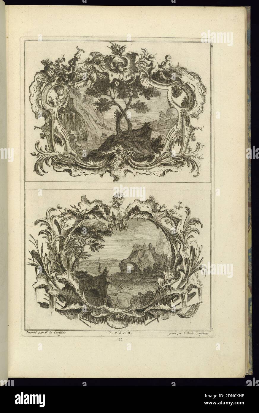 Design pour deux cartouilles, François de Cuvilliés The Elder, belge, active Allemagne, 1695 - 1768, Karl Albert von Lespilliez, 1723–1796, Nicolas Jean-Baptiste de Poilly, français, 1712–après 1758, gravure et gravure sur papier blanc cassé, Roccartouts avec paysages., Allemagne, 1745, ornement, Imprimer Banque D'Images