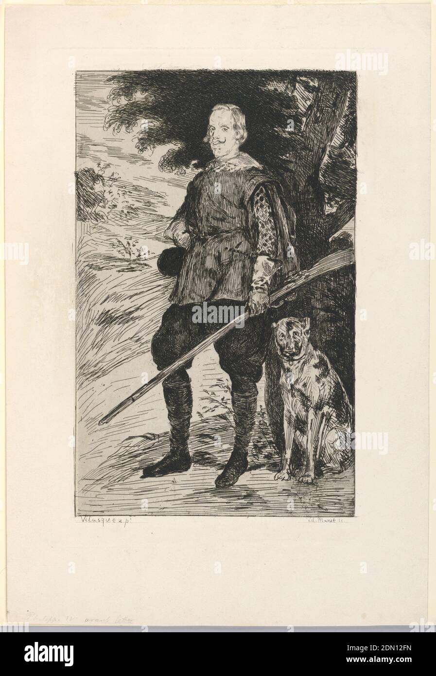 Portrait de Philip IV, roi d'Espagne, d'après Diego Velazquez, Edouard Manet, Français, 1832 – 1883, Etching à l'encre noire sur papier blanc, Philip IV est dans un paysage avant la chasse. Il se tient sous un arbre dans une vue de trois quarts à gauche. Juste de lui est assis son chien., France, 1874, Imprimer Banque D'Images