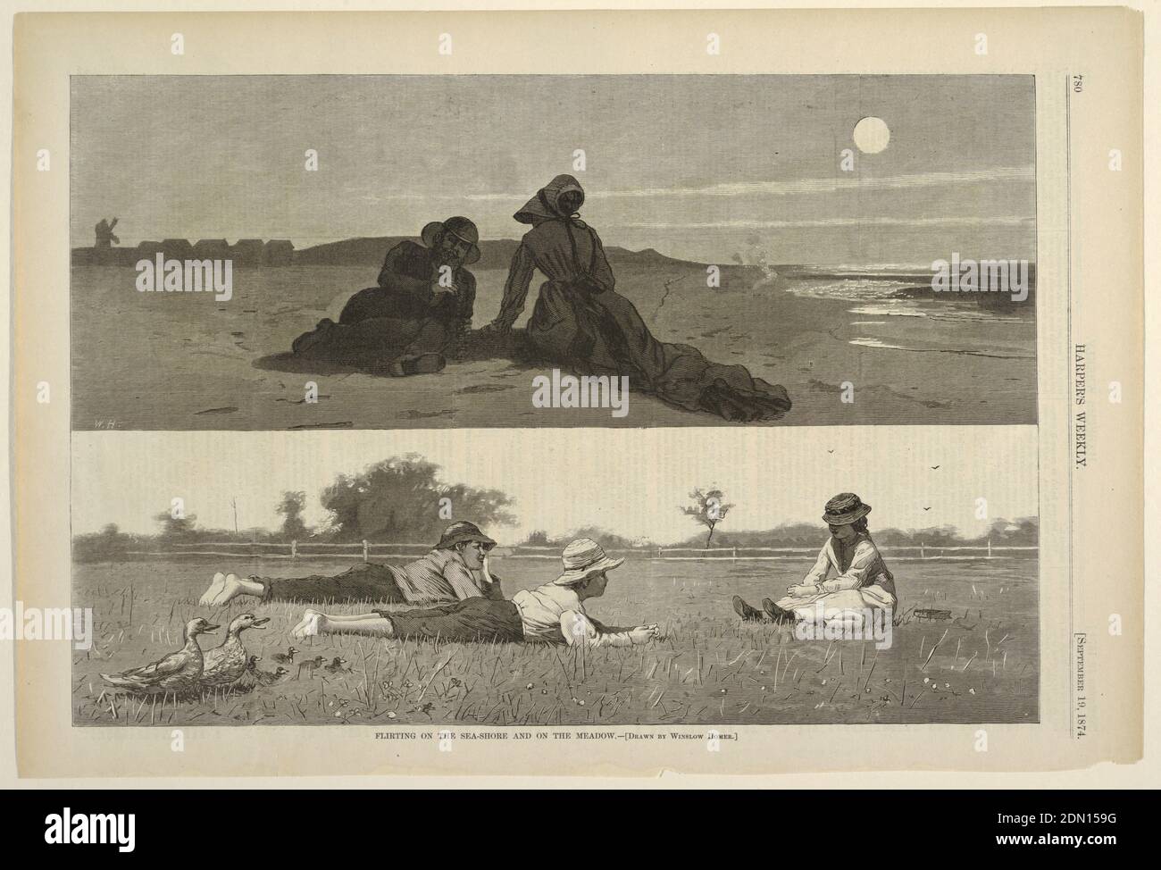 Flirt sur la mer et sur le Meadow, Winslow Homer, américain, 1836–1910, Harper's Weekly, gravure en bois à l'encre noire sur papier, moitié supérieure : couple d'âge moyen sur le sable au clair de lune. L'homme est soutenu sur le coude face à la femme. La femme est assise avec le dos à la visionneuse. Moitié inférieure : deux garçons pieds nus couchés dans un pré face à une fille assise à midi. Famille de canards dans le coin inférieur gauche., États-Unis, 19 septembre 1874, chiffres, Imprimer Banque D'Images
