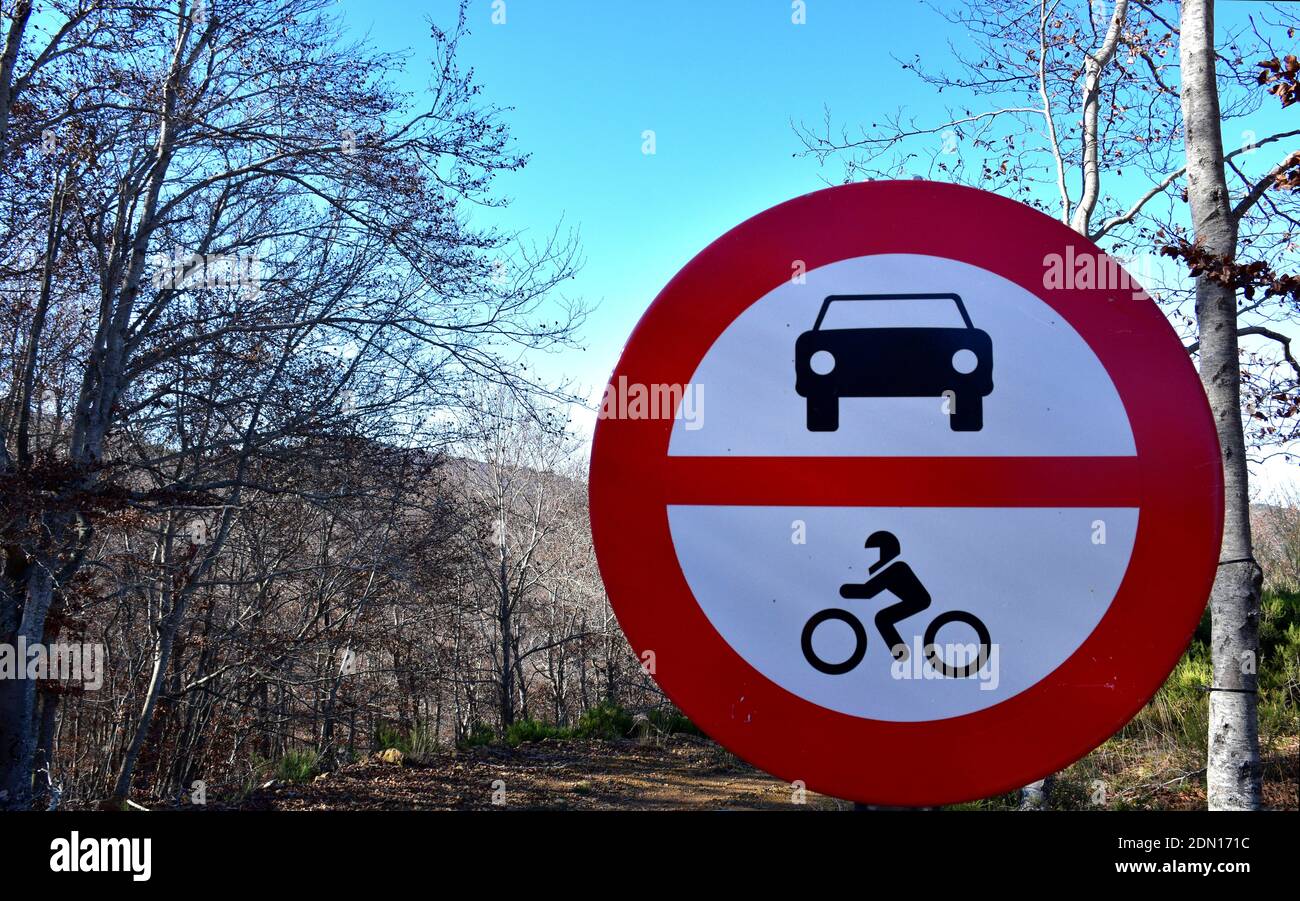 Panneau d'interdiction pour les voitures et les motos sur piste forestière en forêt de hêtres. Banque D'Images