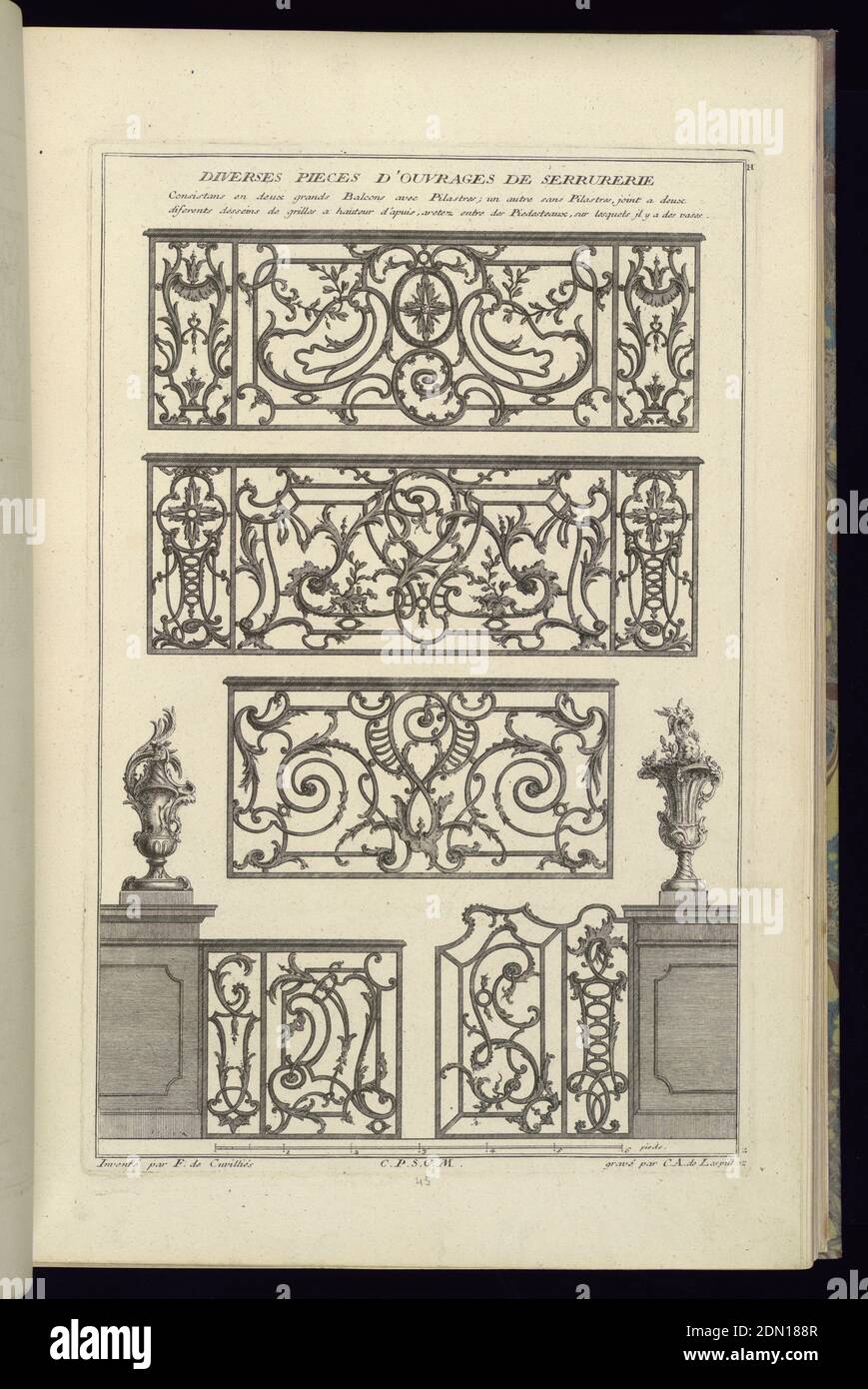 Versets pièces d'Ouvrages de Serruerie, François de Cuvilliés The Elder, belge, active Allemagne, 1695 - 1768, Karl Albert von Lespilliez, 1723–1796, Nicolas Jean-Baptiste de Poilly, français, 1712–après 1758, gravure et gravure sur papier blanc cassé, sept éléments, chacun avec légende., Allemagne, 1745, travail de métaux Banque D'Images