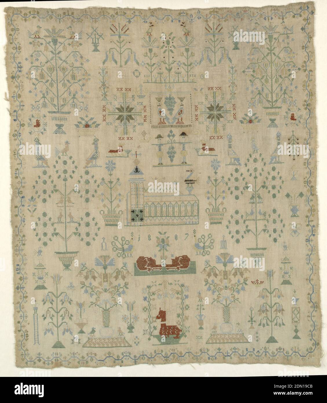 Sampler, Moyen: Broderie de soie sur une fondation en coton technique: Brodée en point de croix sur une fondation à tissage simple, motifs isolés incluant des lapins affrontés à l'intérieur de la bordure, au centre d'une église. Dans les fenêtres de l'église sont les lettres: d, i, s, o, e, i, e, r, s., Amsterdam, pays-Bas, 1807, broderie et couture, Sampler Banque D'Images