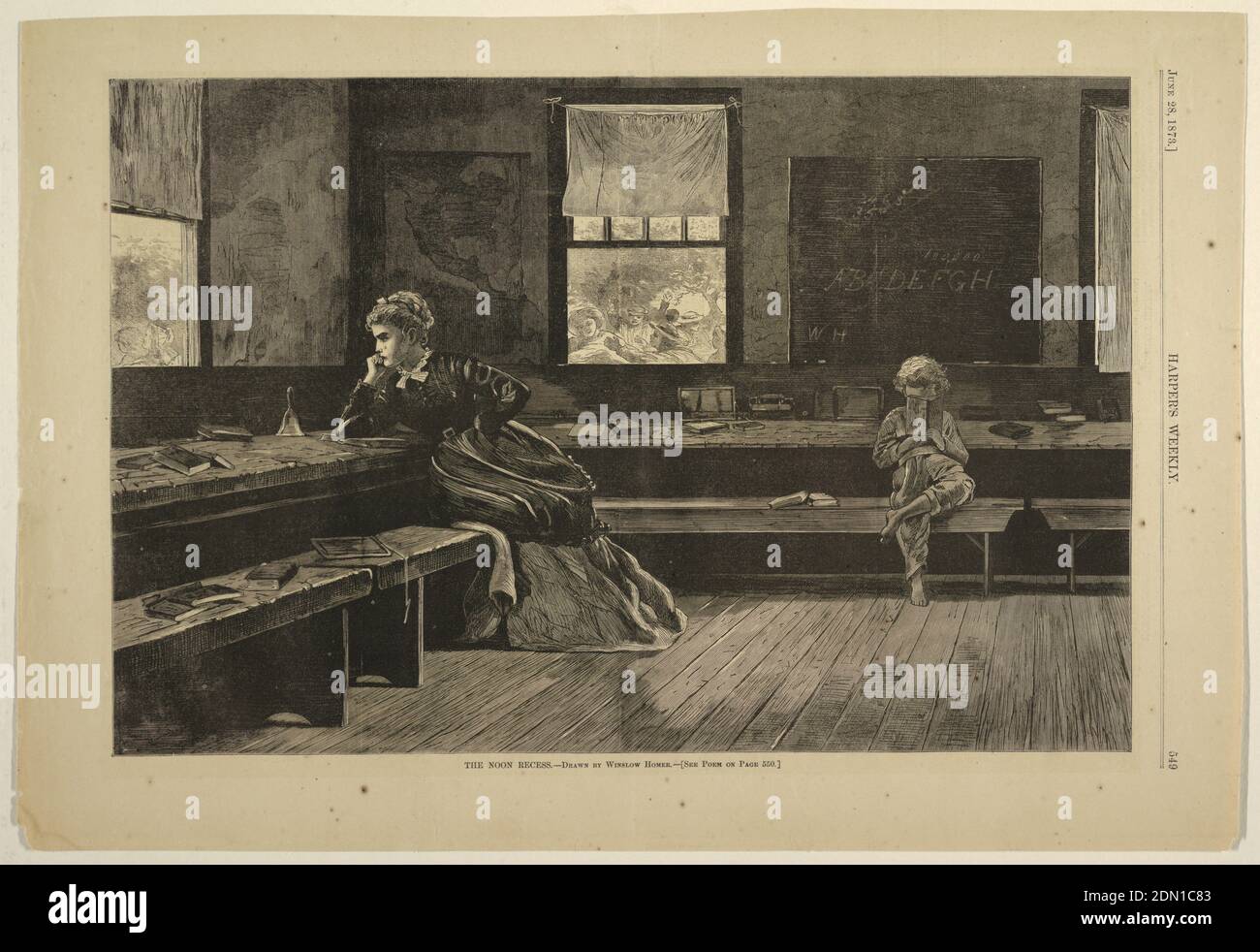 The Noon Recess, Winslow Homer, cuisine américaine, 1836–1910, Harper's Weekly, gravure en bois à l'encre noire sur papier, vue d'un enseignant assis et regardant par la fenêtre d'une salle d'école, son menton sur sa main droite et son coude sur un livre ouvert. À droite, un enfant assis sur un banc avec un livre. Enfants jouant à l'extérieur, vu par fenêtre., USA, 28 juin 1873, chiffres, Imprimer Banque D'Images