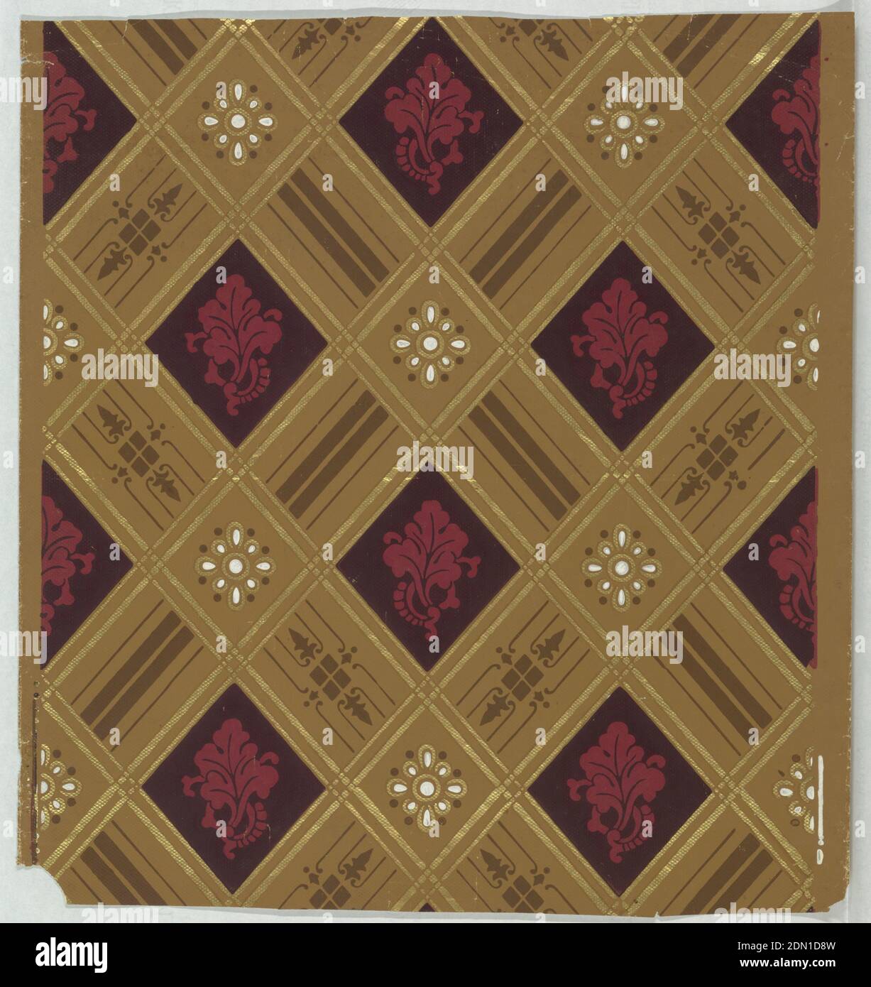 Flanc, imprimé à la machine sur du papier continu, sur un sol à motifs Havane, cadres diagonaux en treillis d'or métallique alternant la feuille de chou rouge stylisée sur un sol noir et la fleur stylisée d'or métallique et de blanc brillant., 1875–90, revêtements muraux, flanc Banque D'Images