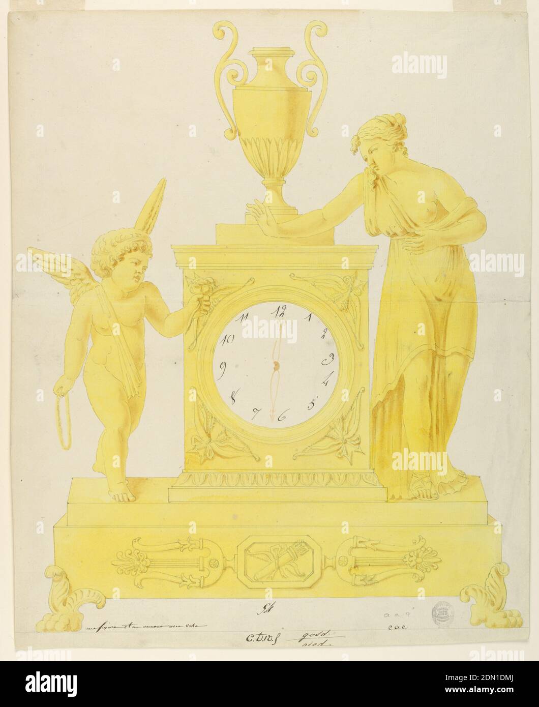 Design pour horloge, Lefebvre Manufactory, Tournai, stylo et encre noire, pinceau et jaune, aquarelle rouge, graphite, sur papier crème, base de l'horloge soutenue par des pieds de lion, décoré à l'avant avec un panneau octogonal avec un noeud et quiver croisé, place horizontalement lyres panneau de flanc. Vase à deux manche sur le haut du cadran. À gauche, cupid apporte une rose et une chaîne à la femme une femme dans la garbe classique, à droite., Belgique, 1800–1825, appareils de mesure et de mesure, dessin Banque D'Images