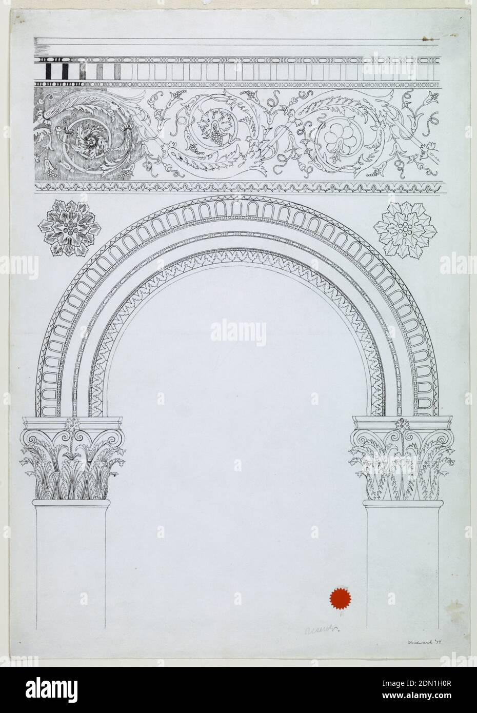 Une arche, J.D. Woodward, stylo et encre sur papier, rectangle vertical. Une ouverture semi-circulaire, soutenue par des colonnes portant des capitales dans le style Corinthien. Plusieurs bordures classiques composent l'arche elle-même. Rosettes, en haut à gauche, en haut à droite surmontées d'une frise, y compris une large bordure de riceau., USA, 1894, architecture, dessin Banque D'Images