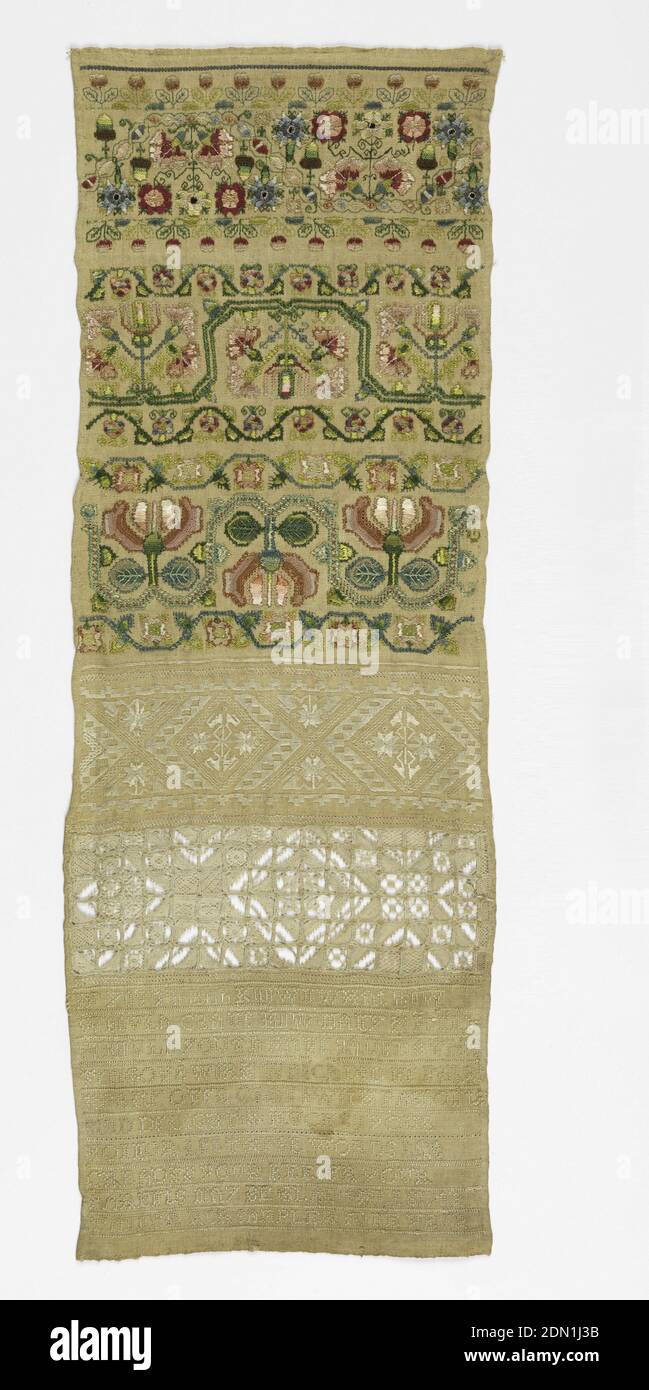 Sampler, Alls Tanner, Anglais, Moyen: Broderie de soie et de lin sur lin technique: Croix, croix monténégrine, oeillet, satin, double exécution, et les points de boucles détachées, retiré élément travail avec des plombages de dentelle d'aiguille, la bordure transversale des motifs floraux et le texte. Même broderie faite 1941-69-61., Angleterre, 1702, broderie et couture, Sampler Banque D'Images
