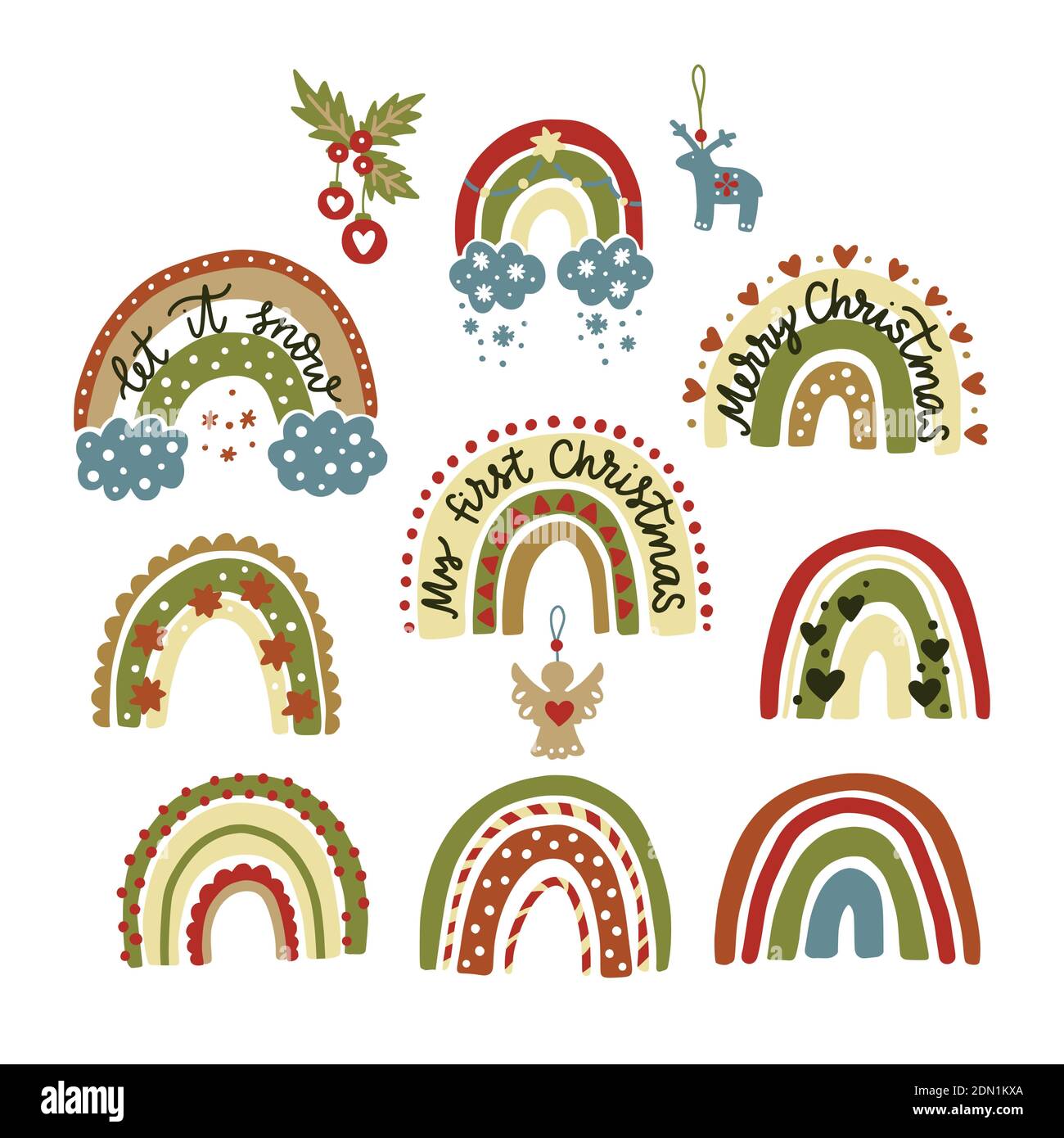 Christmas rainbow vector trendy illustration. Cute hand drawn kids print set. Nursery abstract design set. Cartoon baby collection. Illustration de Vecteur