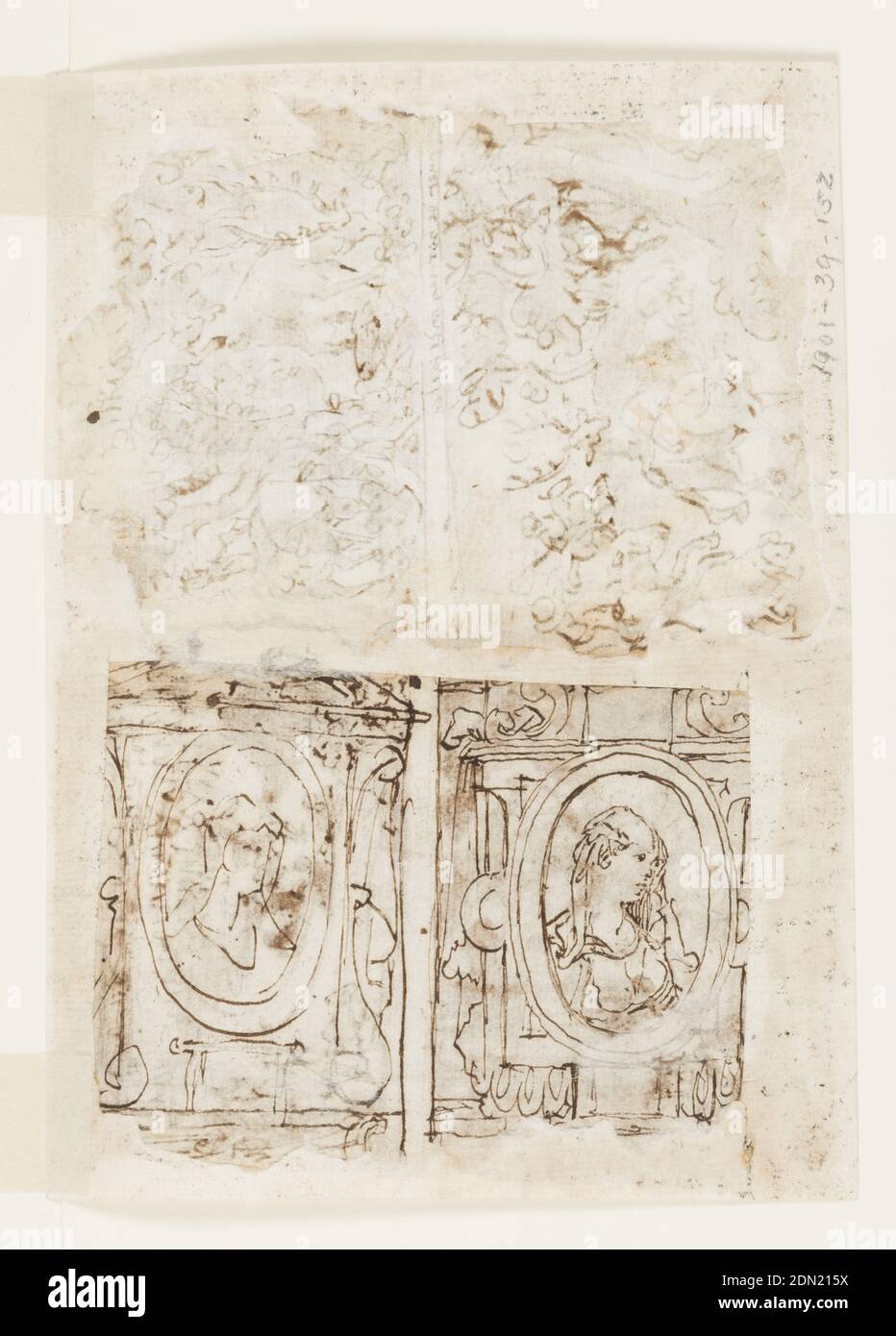 Recto, ci-dessus à gauche: Cerf attaqué par un Lynx; ci-dessus à droite: Cloelia et ses compagnons échappent au camp de Porsena; ci-dessous à droite: Chasse aux femmes; ci-dessous à gauche: Chasse aux cerfs, avec un cerf cachant son cent. Verso: Deux bustes de femmes dans les décors architecturaux, les conceptions préliminaires pour la série d'impression sept vertus, Jan van der Straet, appelé Stradanus, flamand, 1523–1605, encre de plume et marron, pinceau et laver sur deux feuilles jointes de papier cousu, Recto, en haut à gauche: Scène forestière, avec alimentation de chiffons. Un lynx est en train de sauter d'un arbre à l'arrière d'un des cerfs. Inscription en néerlandais sous la ligne de cadrage Banque D'Images