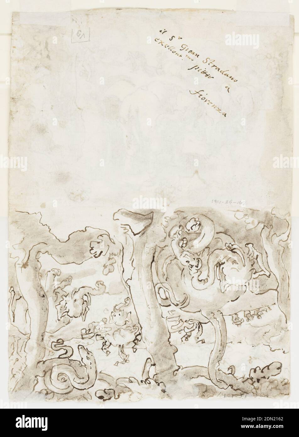 Recto, ci-dessus: Éléphants chassés par Troglodytes [Cavemen], de l'histoire naturelle de Pliny, Livre 8, ch. 8; ci-dessous: Le roi de Perse chassant sur une île. Verso: Lutte entre les éléphants et les serpents, d'après l'histoire naturelle de Pliny, Livre 8, ch. 11-12, Jan van der Straet, appelé Stradanus, flamand, 1523–1605, encre de plume et de brome, pinceau et lavage brun sur papier blanc, en haut, les éléphants sont attaqués par de petits hommes équipés d'écloseries. En arrière-plan, des sections de la viande d'éléphant sont transportées au fur et à mesure que l'animal tombé est coupé. (Pliny The Elder, Histoire naturelle, VIII,8). Banque D'Images