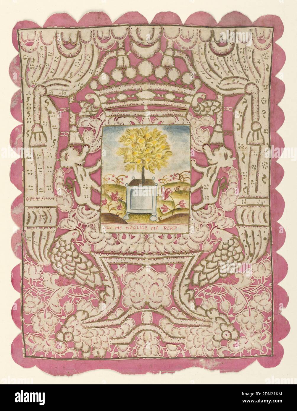 Que me Neglie me Pert, vellum ciseau-coupé, huile, petite peinture rectangulaire sur vellum, montrant un arbre orange dans un bain dans un paysage fleuri, est imposée sur une silhouette découpée avec des rideaux, des colombes, des lions rampants et une couronne. L'ensemble attaché à un papier rose avec des bords écollés. Papier doré et peinture de contour des différents membres de la découpe., Lyon, France, ca. 1700, ephemera, Decoupage, Decoupage Banque D'Images Que me Neglie me Pert, vellum ciseau-coupé, huile, petite peinture rectangulaire sur vellum, montrant un arbre orange dans un bain dans un paysage fleuri, est imposée sur une silhouette découpée avec des rideaux, des colombes, des lions rampants et une couronne. L'ensemble attaché à un papier rose avec des bords écollés. Papier doré et peinture de contour des différents membres de la découpe., Lyon, France, ca. 1700, ephemera, Decoupage, Decoupage Banque D'Images