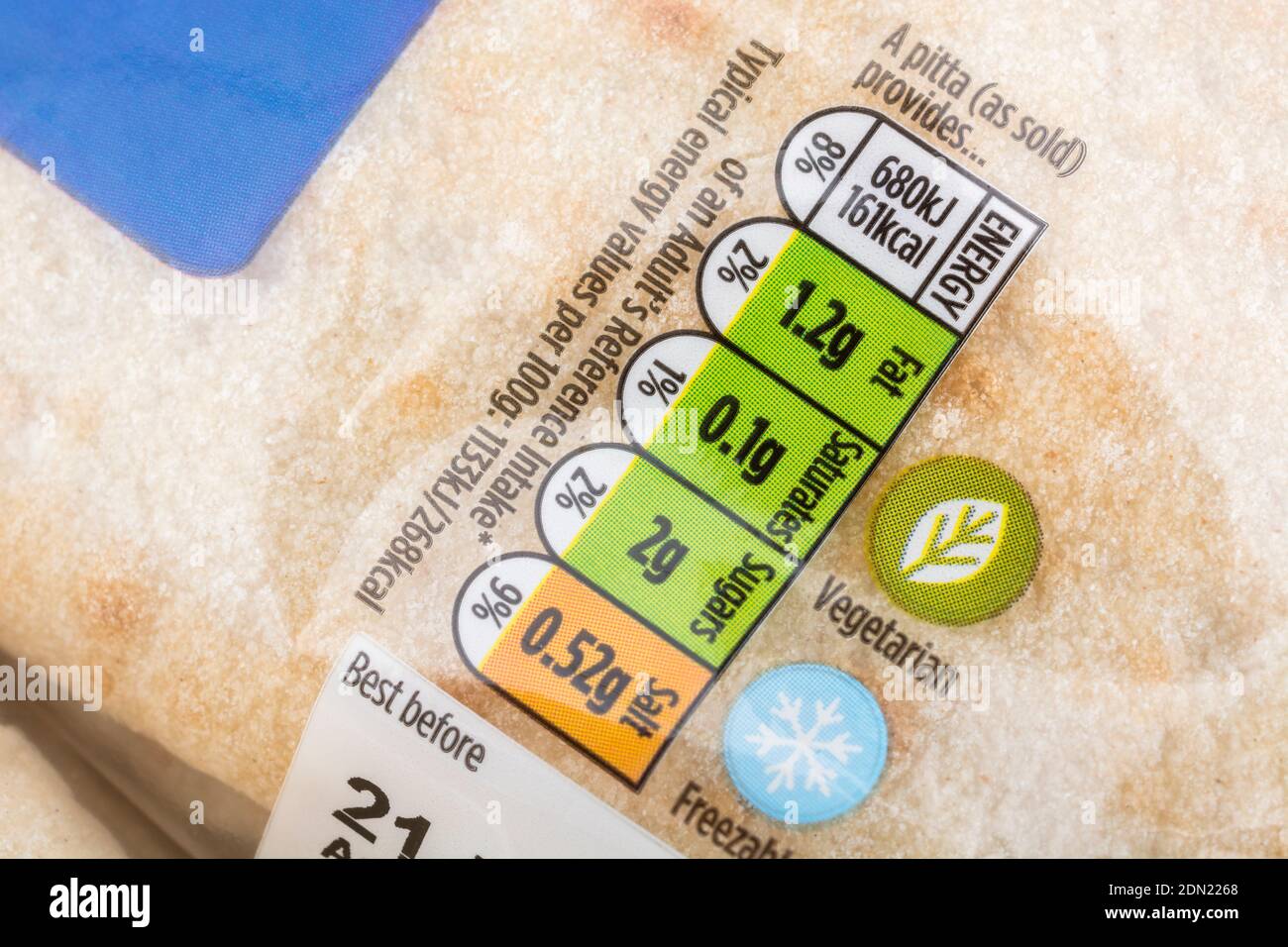 Gros plan alimentation / étiquette diététique sur du pain de marque de Pitta de Morrisons emballé en plastique. Pour les pains inhabituels et les étiquettes d'informations générales sur les aliments Banque D'Images