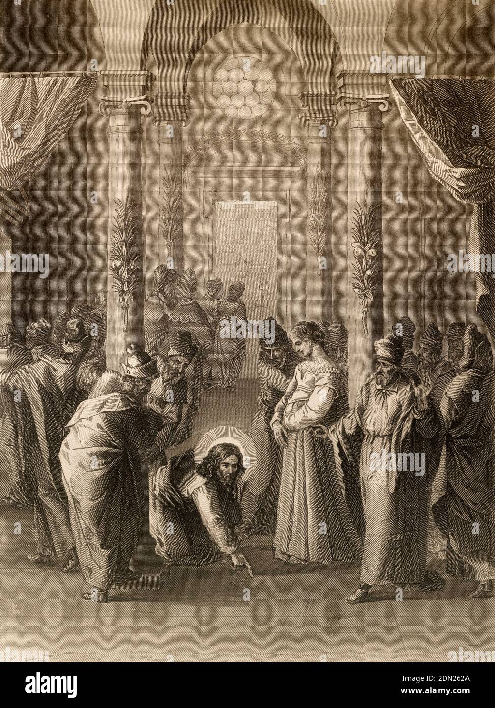 Essai de la femme adultère, Nouveau Testament, gravure en acier 1853, restaurée numériquement Banque D'Images