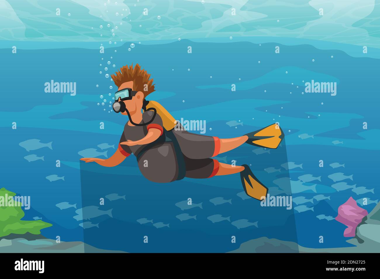 homme de dessin animé dans l'eau tropicale avec plongée sous-marine Illustration de Vecteur