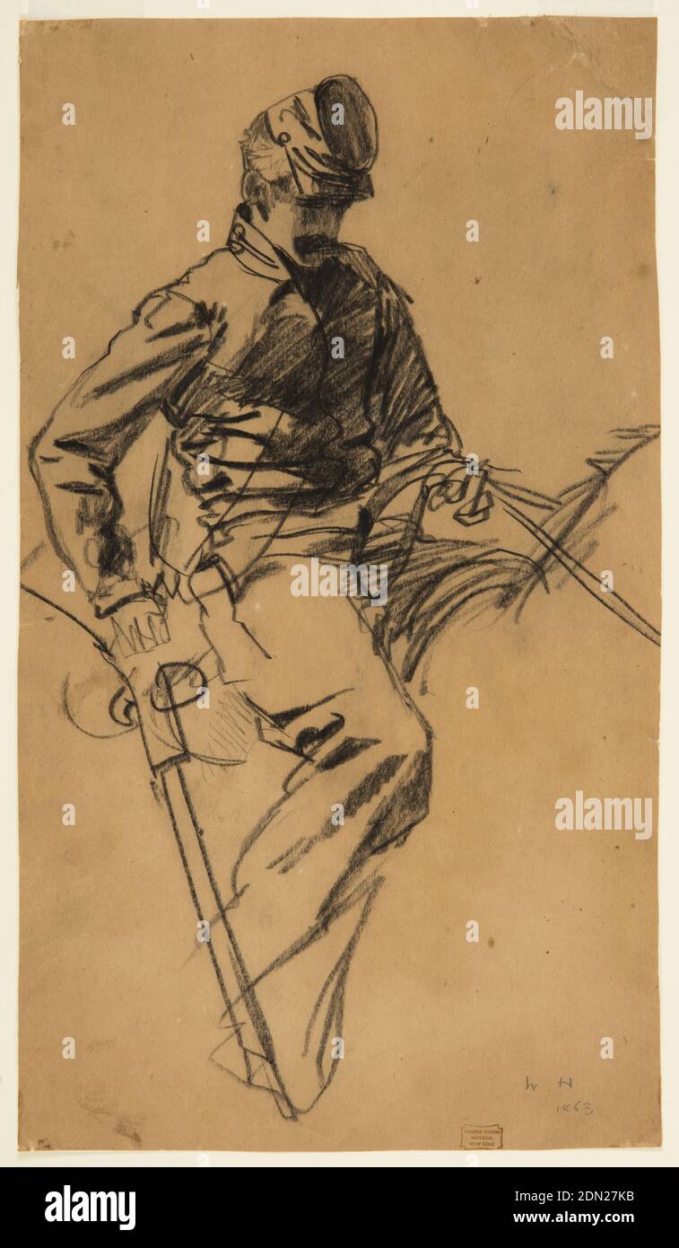 Cavalerie Soldier, Winslow Homer, américain, 1836–1910, craie noire sur papier vélin Havane, doublée, étude verticale d'un soldat tenant règne dans sa main gauche et une épée dans sa main droite, comme il se trouve à droite, et assis à cheval [le cheval n'est pas déliré]., États-Unis, 1863, figures, dessin Banque D'Images