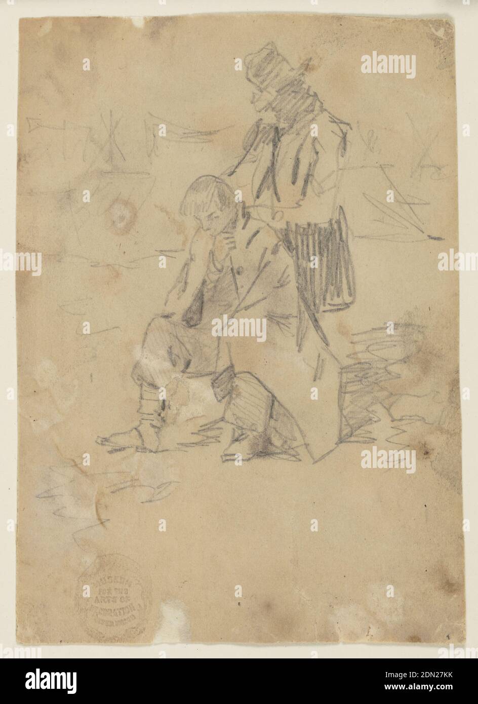 Soldat assis sur une boîte, Winslow Homer, américain, 1836–1910, Graphite sur papier couleur crème, vue verticale d'un soldat assis sur une boîte, avec ses cheveux coupés, avec tentes visibles en arrière-plan., USA, 1862, figures, dessin Banque D'Images