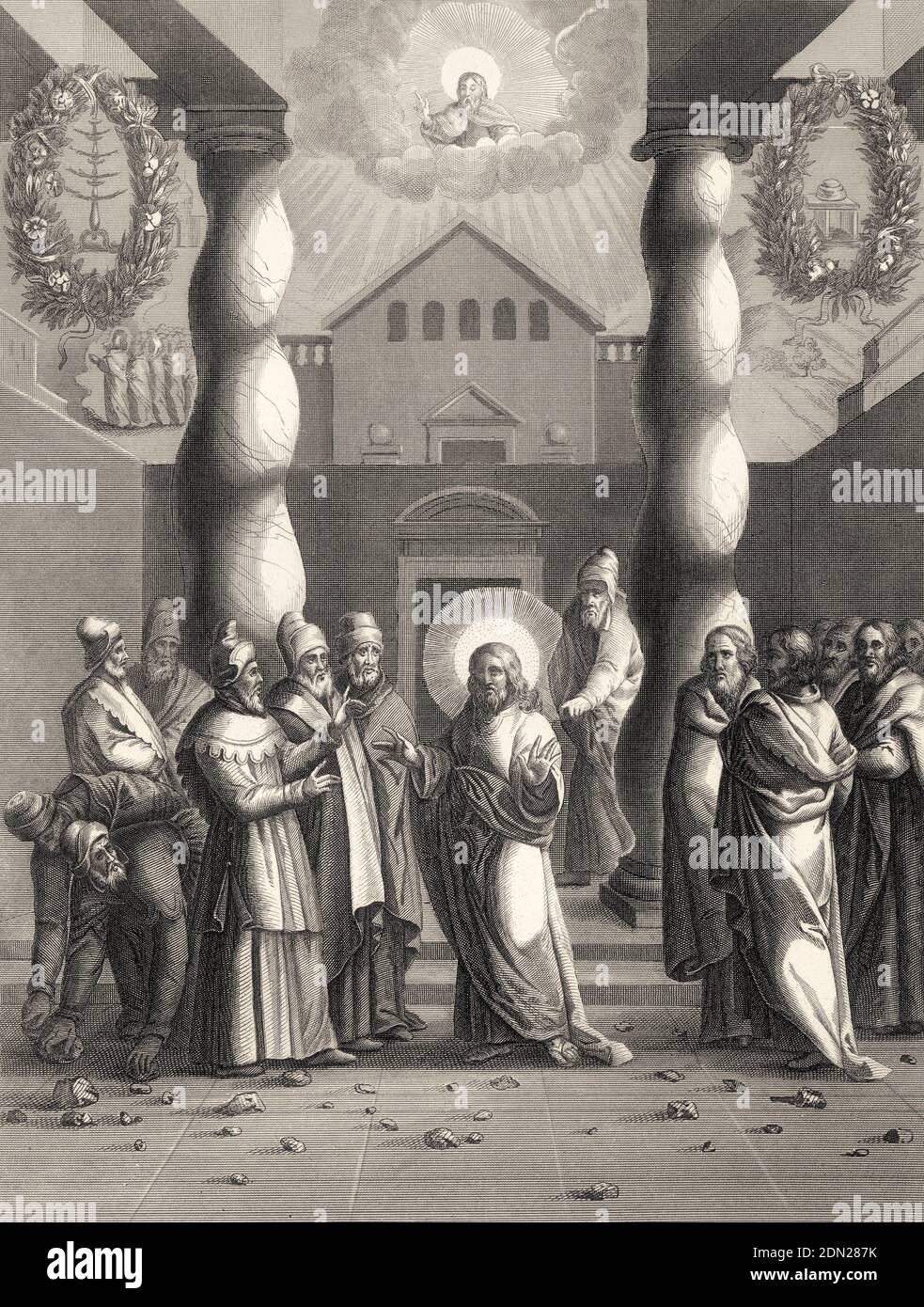 Les Pharisiens tentent de piéger Jésus, Nouveau Testament, gravure en acier 1853, restaurée numériquement Banque D'Images
