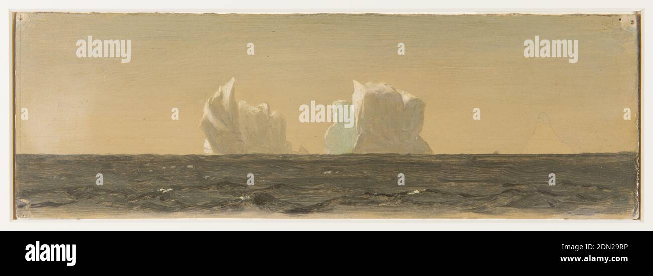 Icebergs flottants, église Frederic Edwin, américaine, 1826–1900, peinture au pinceau et à l'huile, graphite sur carton Havane, deux icebergs, partiellement dans l'ombre avec la lumière du soleil glinting des sommets, sont vus d'une distance à travers un plan d'eau brunâtre foncé., Terre-Neuve-et-Labrador, Canada, juin ou juillet 1859, Seascapes, dessin Banque D'Images