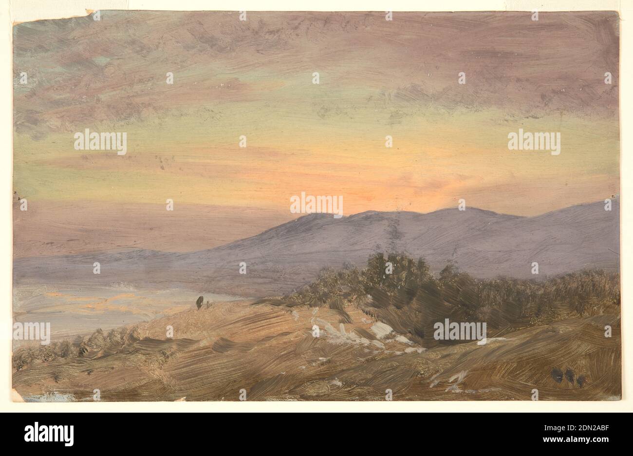Colombie ou Equateur, montagnes, clair de lune, église Frederic Edwin, américaine, 1826–1900, pinceau et huile, crayon sur carton avec fond gris-brun, vue sur une vallée en regardant vers une chaîne de montagnes avec des sommets couverts de nuages. Les pics enneigés sont affichés en arrière-plan. Pleine lune. Le bétail en pâturage et une maison sont montrés dans le premier plan droit. Marge inférieure montrant la couleur de mise à la terre rose., Etats-Unis, 1853 ou 1857, paysages, dessin Banque D'Images