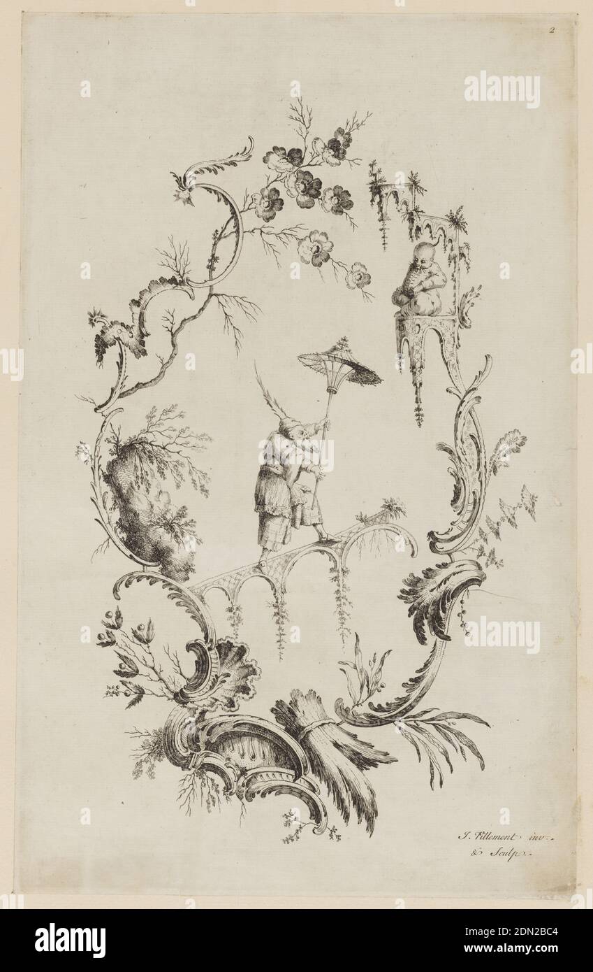 Assiette 2, de 'A New Book of Chinese parures', Jean-Baptiste Pillement, Français, 1728–1808, Etching sur papier, Chinoiserie escucheon avec un Chinois debout sur un pont et tenant une sorte de parasol., France, ca. 1750, Imprimer Banque D'Images