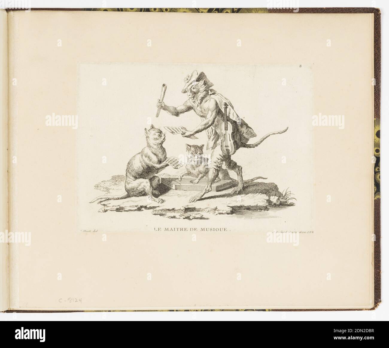 Plaque 8, le Maître de musique, Singeries ou diffusions d'actions de la vie humaine présentées par des seules (Monkey ancs ou différentes actions de la vie humaine représentées par les Monkeys), Christophe Huet, français, 1700–1759, Jean-Baptiste-Antoine Guelard, français, 1719–ca. 1755, Charpentier, Paris, France, Etching sur papier, planche 8 d'une série de 23 gravures mettant en scène des singes agissant comme humains dans diverses scènes de figurales. En plein air, une scène figurale d'une leçon de musique, le singe instructeur en costume de gentleman enseignant ses étudiants, qui sont des chats. Le singe tient une feuille Banque D'Images